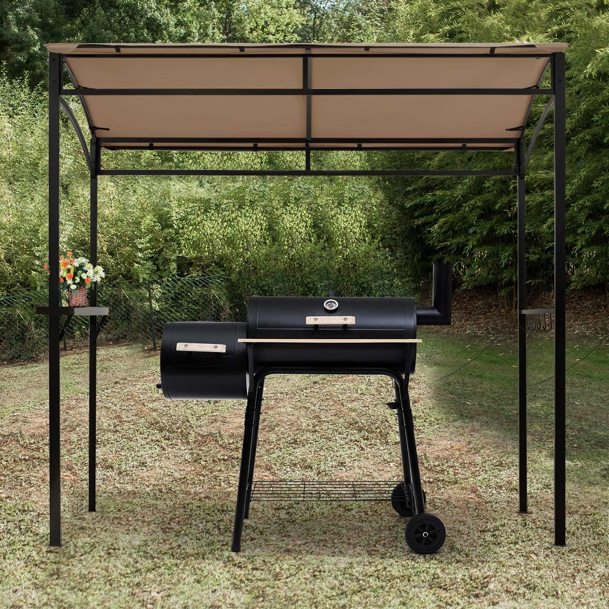 Giantex 7x4.4ft Grill Gazebo, Patio Outdoor Backyard BBQ Canopy Shelter, Soft Top, Heavy-Duty Steel Construction, Storage Shelf, Hanging Hooks, Bear Opening Setting, Anchor Kit (Brown)