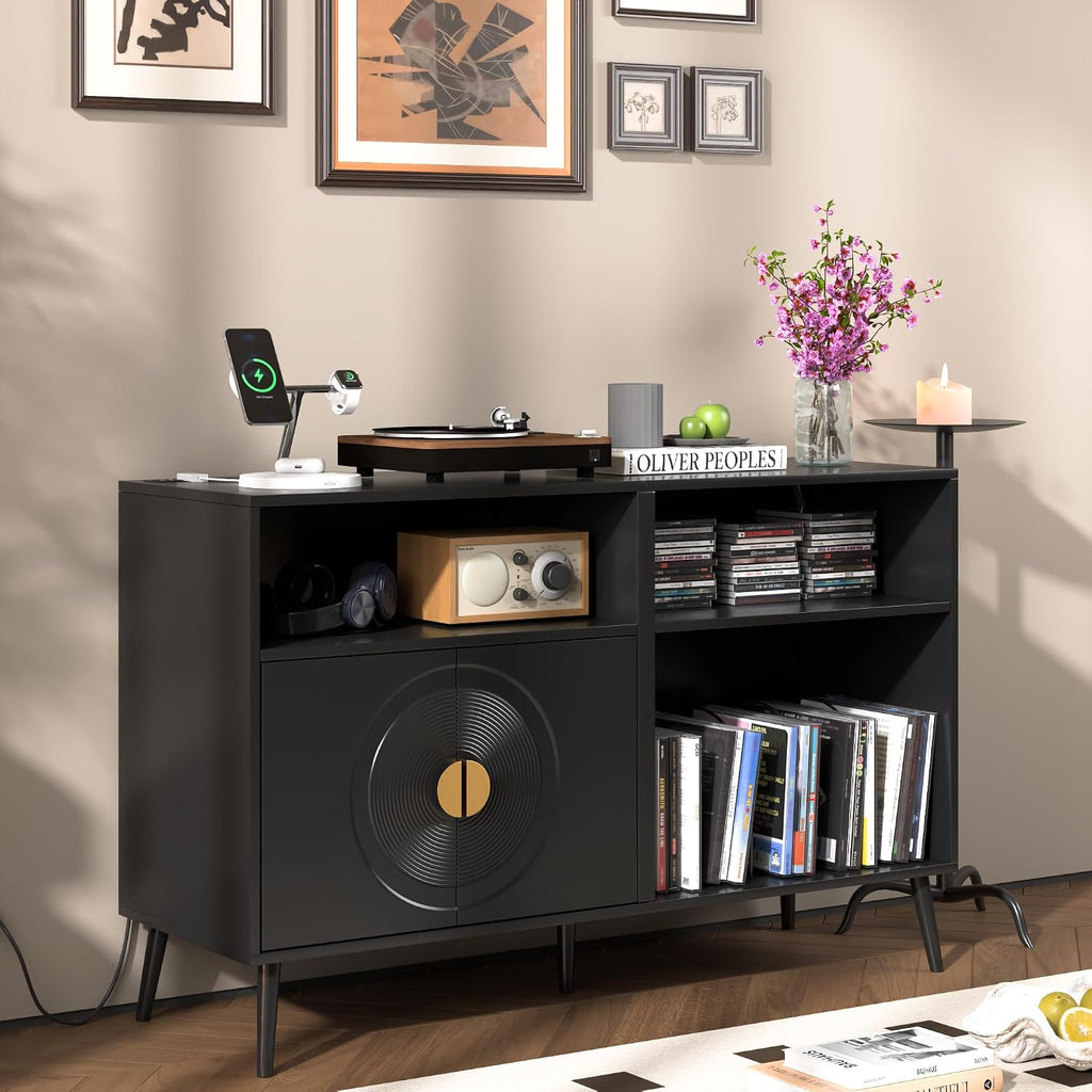 Fiogmub Large Record Player Stand, Mid Century Turntable Stand with Door, Record Player Table Holds Up to 350 Albums,Vinyl Display Shelf for Living Room