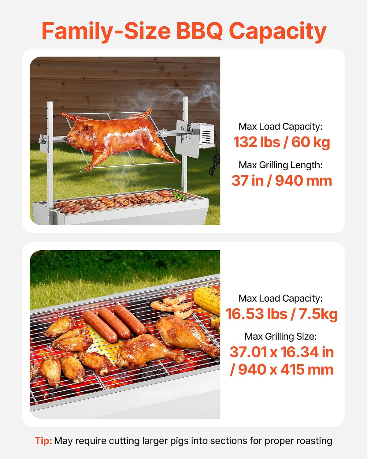 VEVOR Rotisserie Grill, 37in BBQ Outdoor Pig & Lamb Spit Roaster, Charcoal Spit Roaster with 132 LBS Capacity, Wheels, 7-Level Height, Stainless Steel Electric Rotisserie Grill Kit for Camping Outdoor