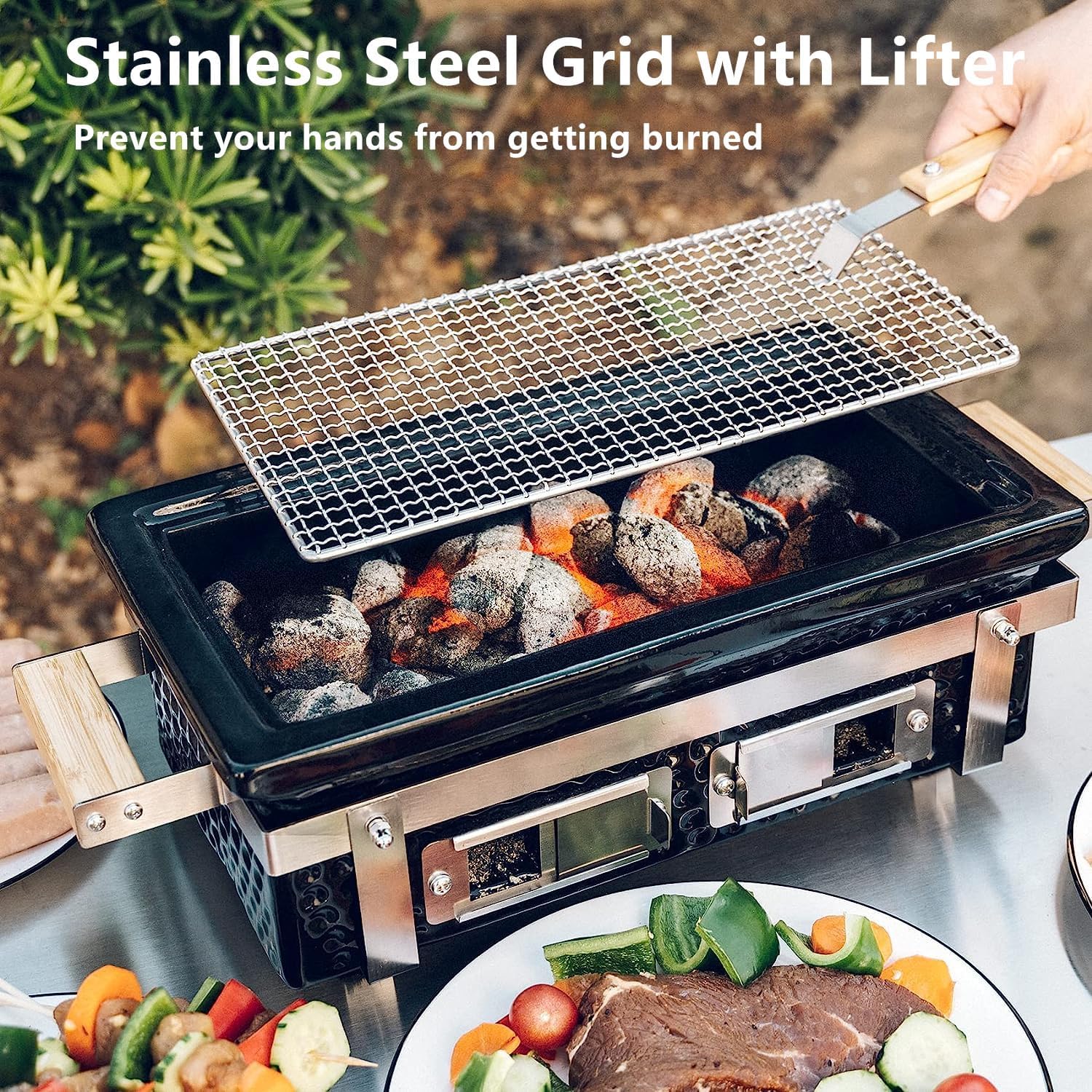 ONLYFIRE GRILLS Charcoal BBQ Hibachi Grill with Grid Lifter, Portable Yakitori Grill with Stainless Steel Grate, Barbecue Stove for Outdoor Camping Picnic Patio Backyard Cooking, GS306