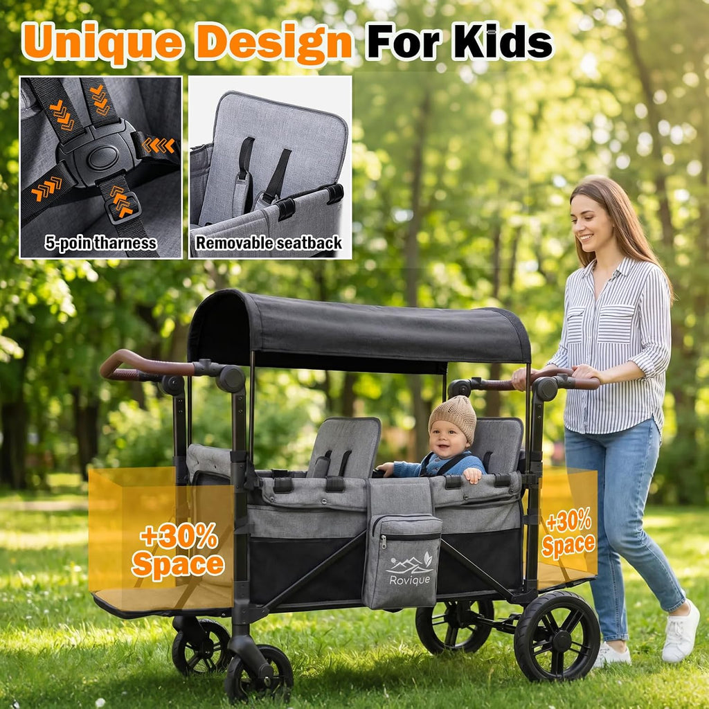 Wagon Stroller, Foldable 2 Seater Stroller Wagon for Kids with Extra Long Extender, Aluminum All-Terrain Baby Wagon with Convertible Seats, Adjustable Handle, Removable Canopy, Snack Tray, Cup Holder