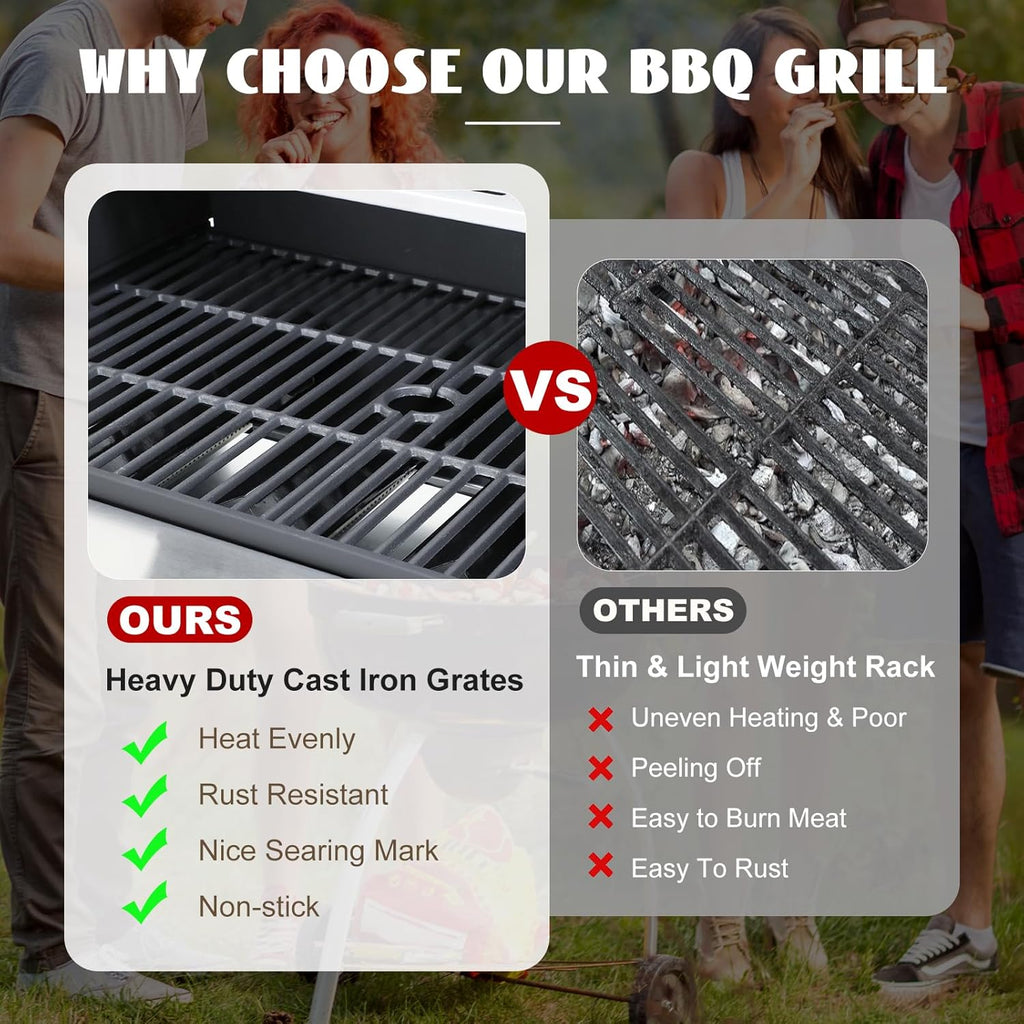 3-Burner Propane Gas Grill with Side Burner, 37,000 BTU Outdoor BBQ Grill with Porcelain-Enameled Cast Iron Grates, Thermometer, Double Layer Lid Stainless Steel Grill for Outdoor Cooking, Patio BBQ
