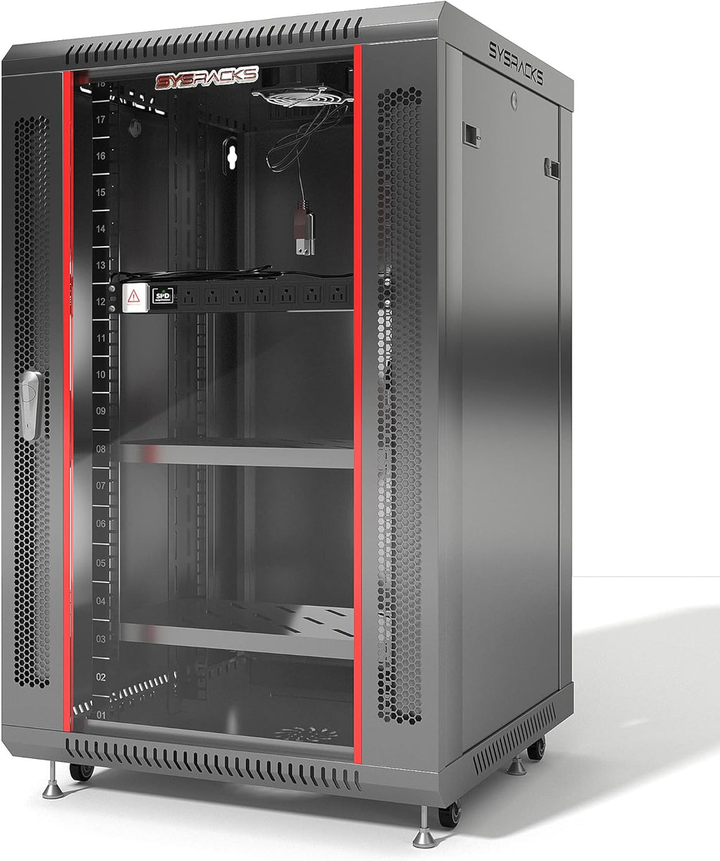 Sysracks Network Data Cabinet - 18U Rack Mount - Wall Mount IT Rack - Locking - Server Rack - 24-Inch deep Data Rack - Server Rack Cabinet with POWERBAR/Fan/Shelf/CASTERS for Servers - A/V Equipment