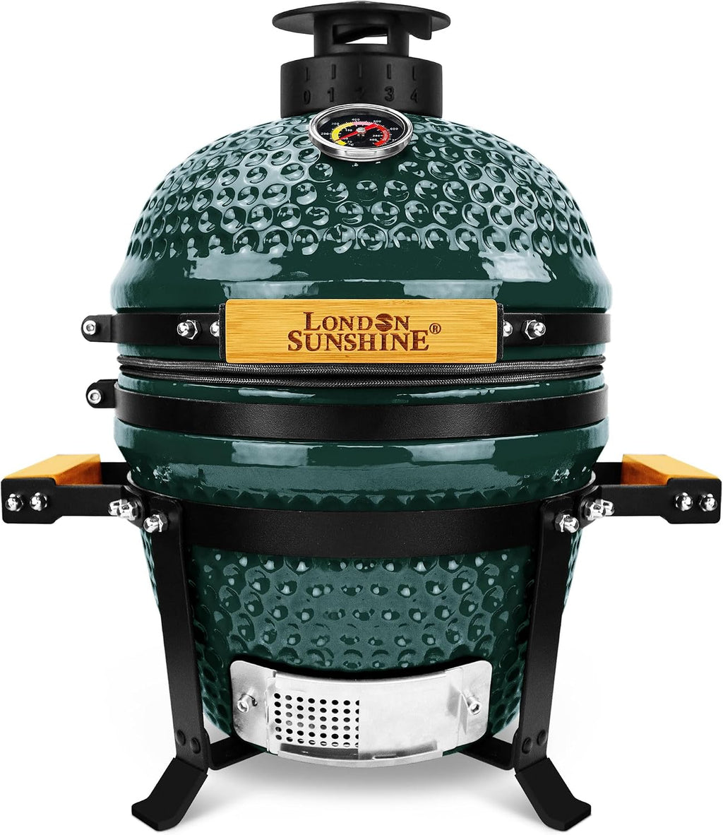 Upgraded 13 inch Ceramic Kamado Grill with Waterproof Air Vent Cap | Portable Tabletop Charcoal BBQ Grill Smoker for Outdoor Cooking, Patio, Camping | Green