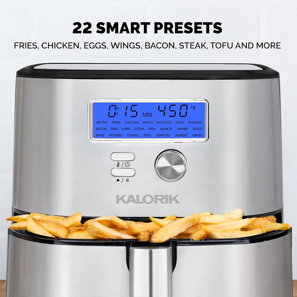 Kalorik MAXX® Plus Digital 7-Quart, 7-in-1 Oilless Air Fryer, LCD Display, 22 Smart Presets, 5 Accessories, and Recipe Book, 1750W, Stainless Steel, FT 50928 OW