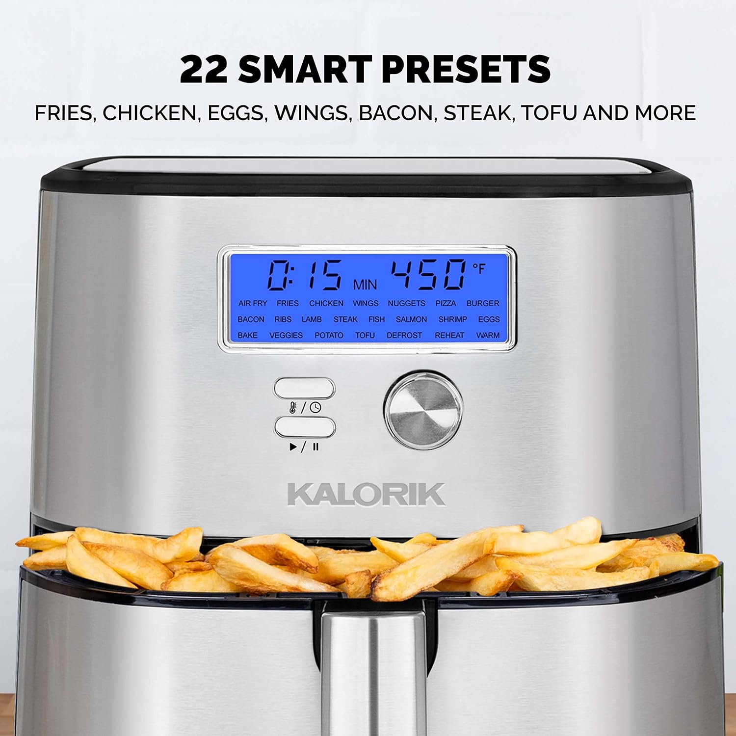 Kalorik MAXX® Plus Digital 7-Quart, 7-in-1 Oilless Air Fryer, LCD Display, 22 Smart Presets, 5 Accessories, and Recipe Book, 1750W, Stainless Steel, FT 50928 OW