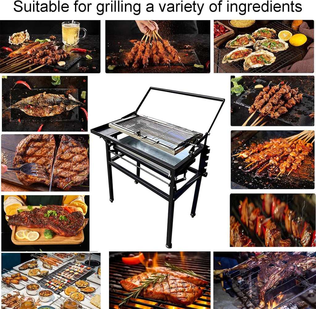 BBQ Charcoal Grill with Cart, Heavy Duty Square Outdoor Detachable Portable Grill, 360° Rotating Cooking Grid Stand-up Grills with Wheels for Camping Garden Commercial Barbeque