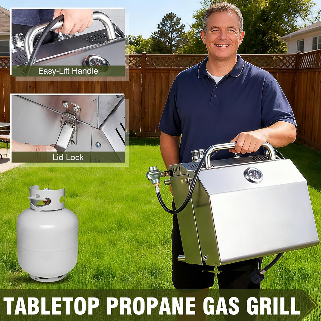 Bestfire Tabletop Propane Gas Grill 2 Burners- Dual Connections, 20,000 BTUs Stainless Steel Portable Grill Fits Large Gas Cylinders and Small Canisters for Outdoor Camping and RV Trips