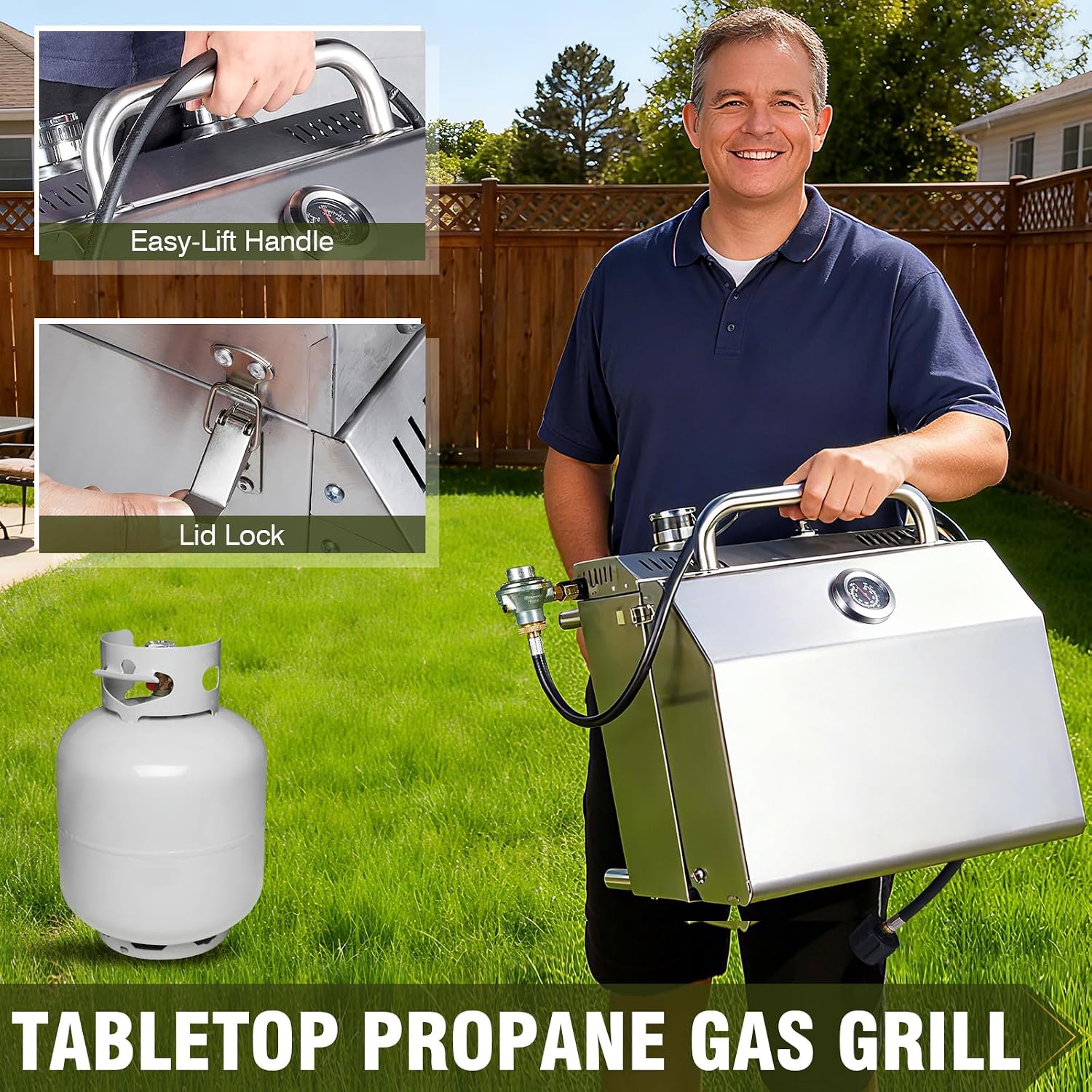 Bestfire Tabletop Propane Gas Grill 2 Burners- Dual Connections, 20,000 BTUs Stainless Steel Portable Grill Fits Large Gas Cylinders and Small Canisters for Outdoor Camping and RV Trips