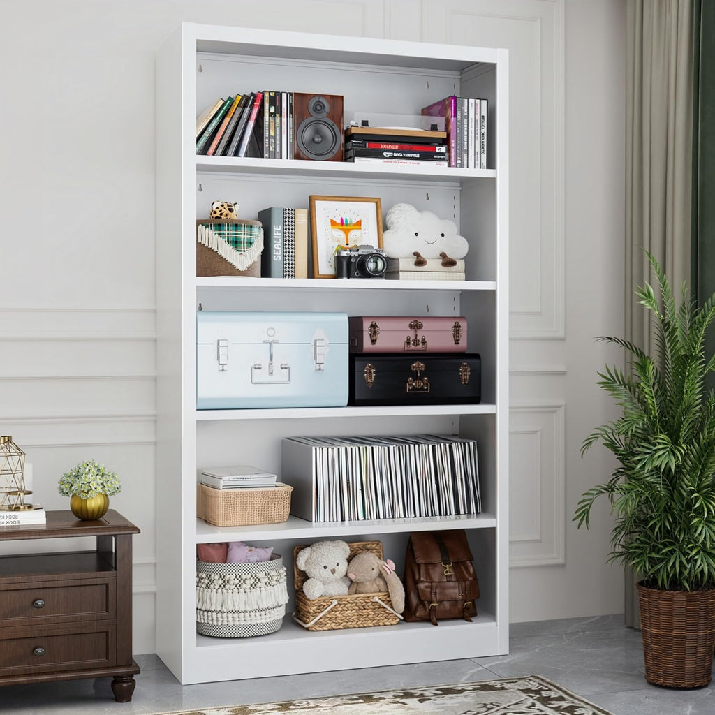 55' Media Storage Cabinet, Metal CD Storage Rack with 4 Adjustable Shelves, 5-Tier Large Media Stand for Living Room, Home Entertainment (White)
