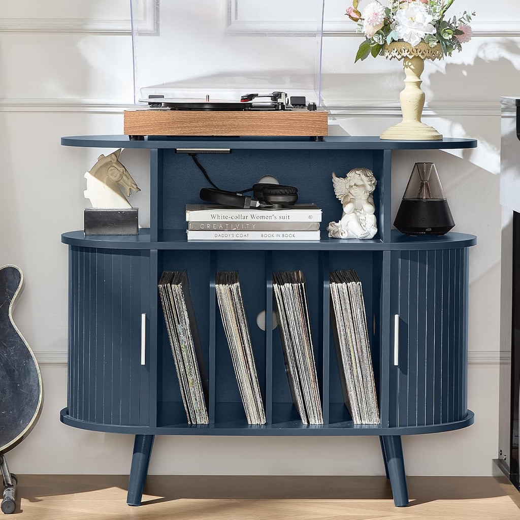 LELELINKY Large Round Record Player Stand with Charging Station & Fluted Panel,Navy Blue Mid Century Modern Turntable Cabinet with Vinyl Storage, Arched Wood Record Player Table for Living Room