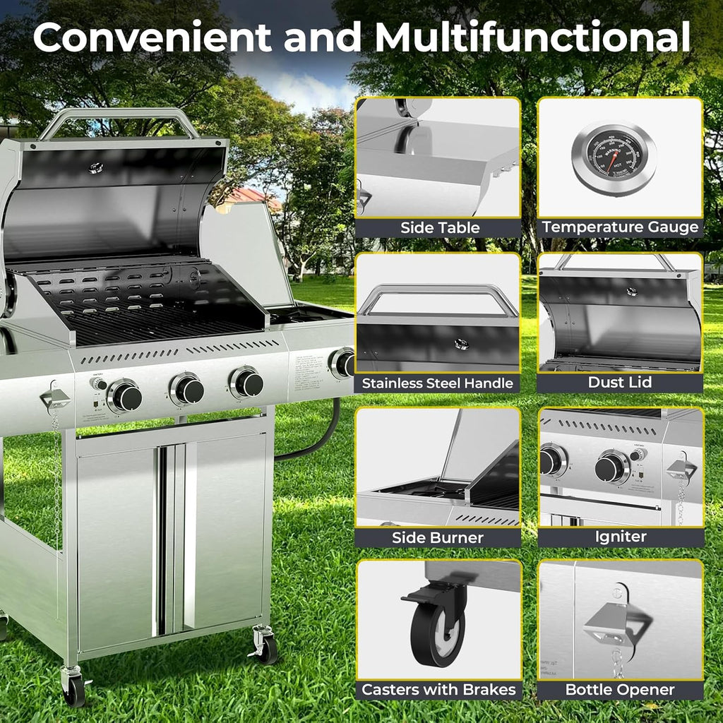 R.W.FLAME 3-Burner Propane Gas Grill With Sider Burner, 34,000BTU Stainless Steel BBQ Grill, Cast Iron Grates&Pullout Oil Drip Tray, Barbecue Grill with Casters for Outdoor Backyard&Patio
