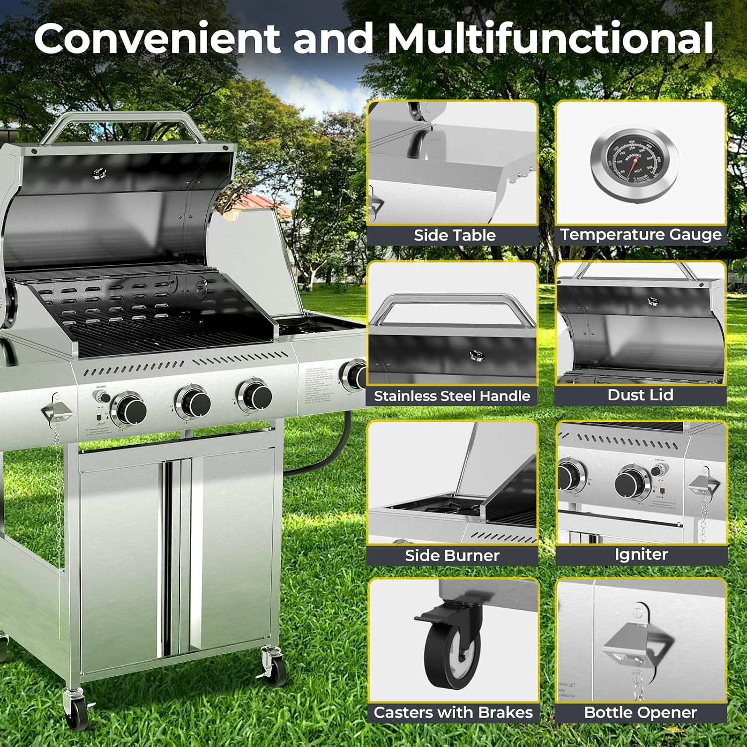 R.W.FLAME 3-Burner Propane Gas Grill With Sider Burner, 34,000BTU Stainless Steel BBQ Grill, Cast Iron Grates&Pullout Oil Drip Tray, Barbecue Grill with Casters for Outdoor Backyard&Patio