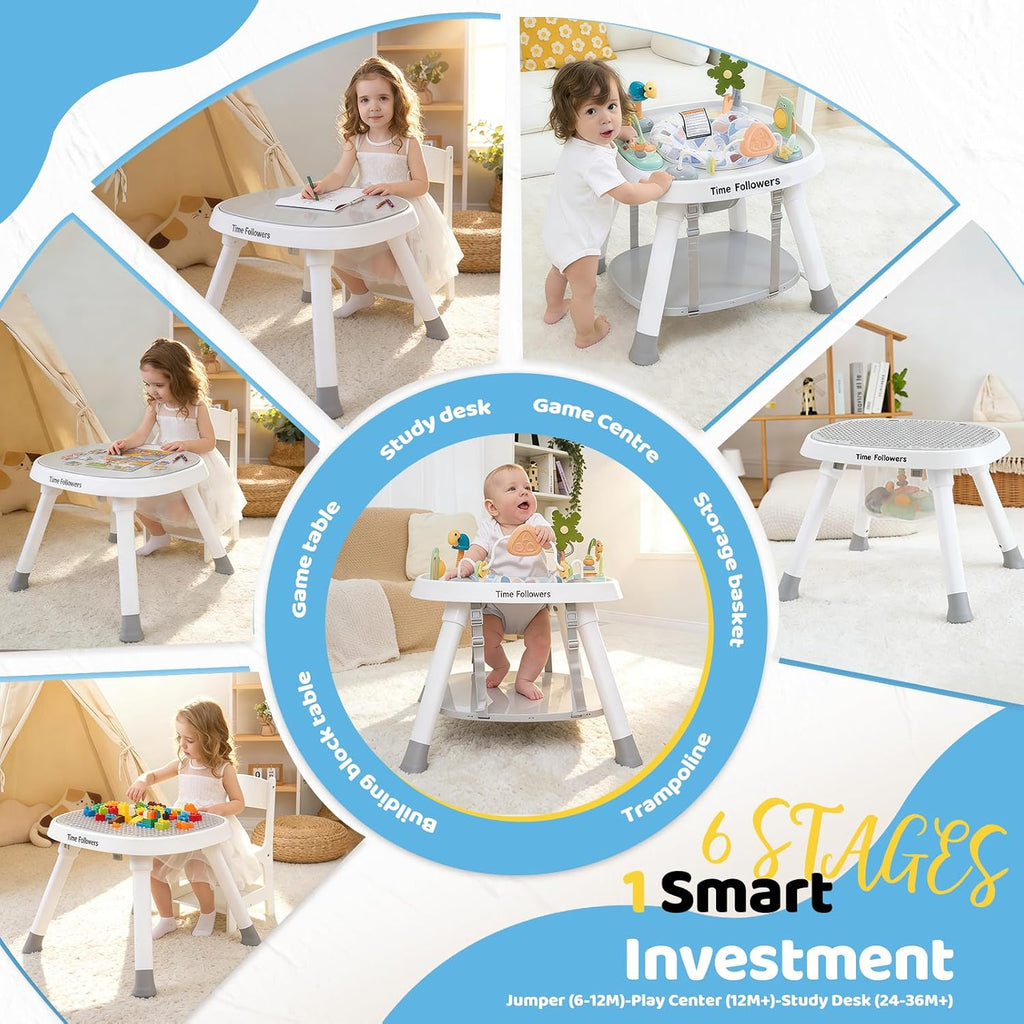 Time Followers® 6-in-1 Baby Activity Center | 4 Stage Montessori-Inspired Toys | Grow Stationary Standing Toddler Table | Jumpers & Bouncers | Must Have for Boy & Girl 6, 12, 24+ Month Old (White)