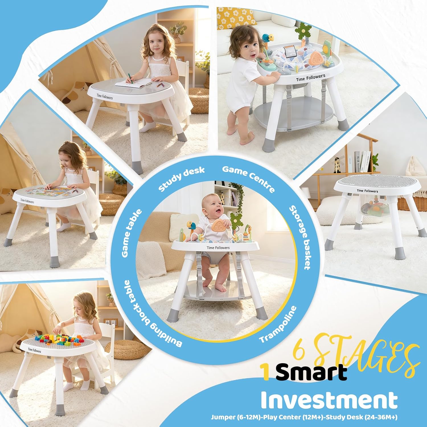Time Followers® 6-in-1 Baby Activity Center | 4 Stage Montessori-Inspired Toys | Grow Stationary Standing Toddler Table | Jumpers & Bouncers | Must Have for Boy & Girl 6, 12, 24+ Month Old (White)