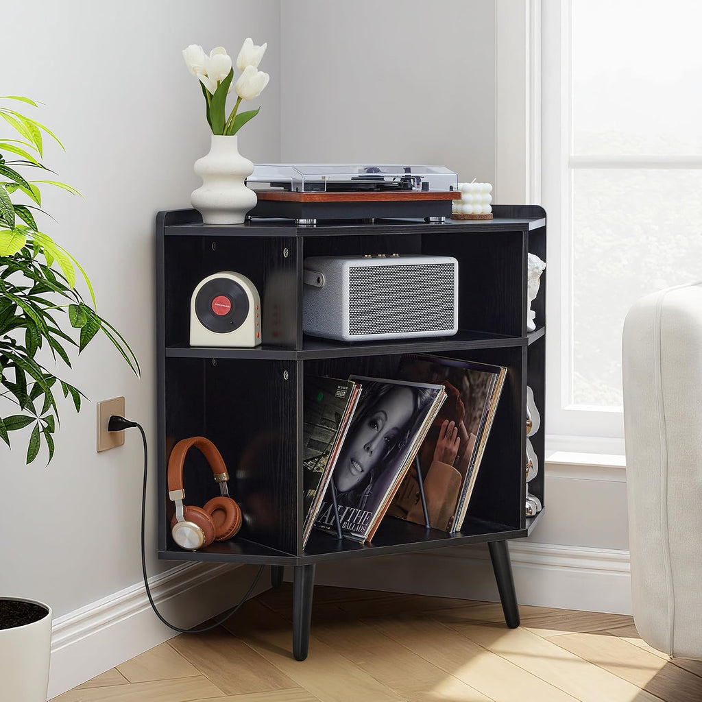 Corner Record Player Stand with Charging Station & USB Ports, 3 Tier Mid Century Modern Vinyl Record Storage Cabinet, Wood Turntable Stand for Music Room, Living Room, Small Space