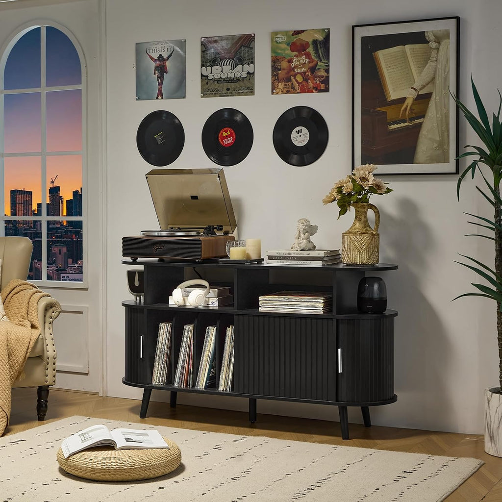 LELELINKY Extra Large Round Record Player Stand with Charging Station & Fluted Panel, Mid Century Modern Turntable Cabinet with Vinyl Storage, Arched Wood Record Player Table for Living Room,Black
