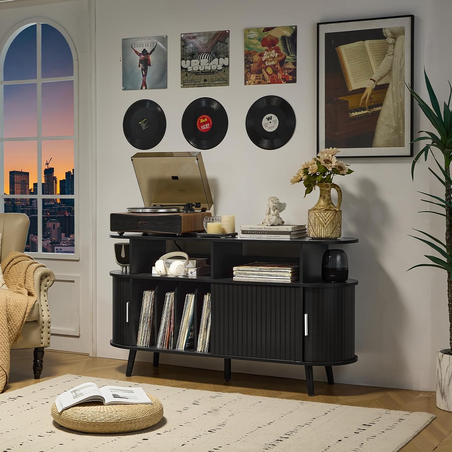 LELELINKY Extra Large Round Record Player Stand with Charging Station & Fluted Panel, Mid Century Modern Turntable Cabinet with Vinyl Storage, Arched Wood Record Player Table for Living Room,Black
