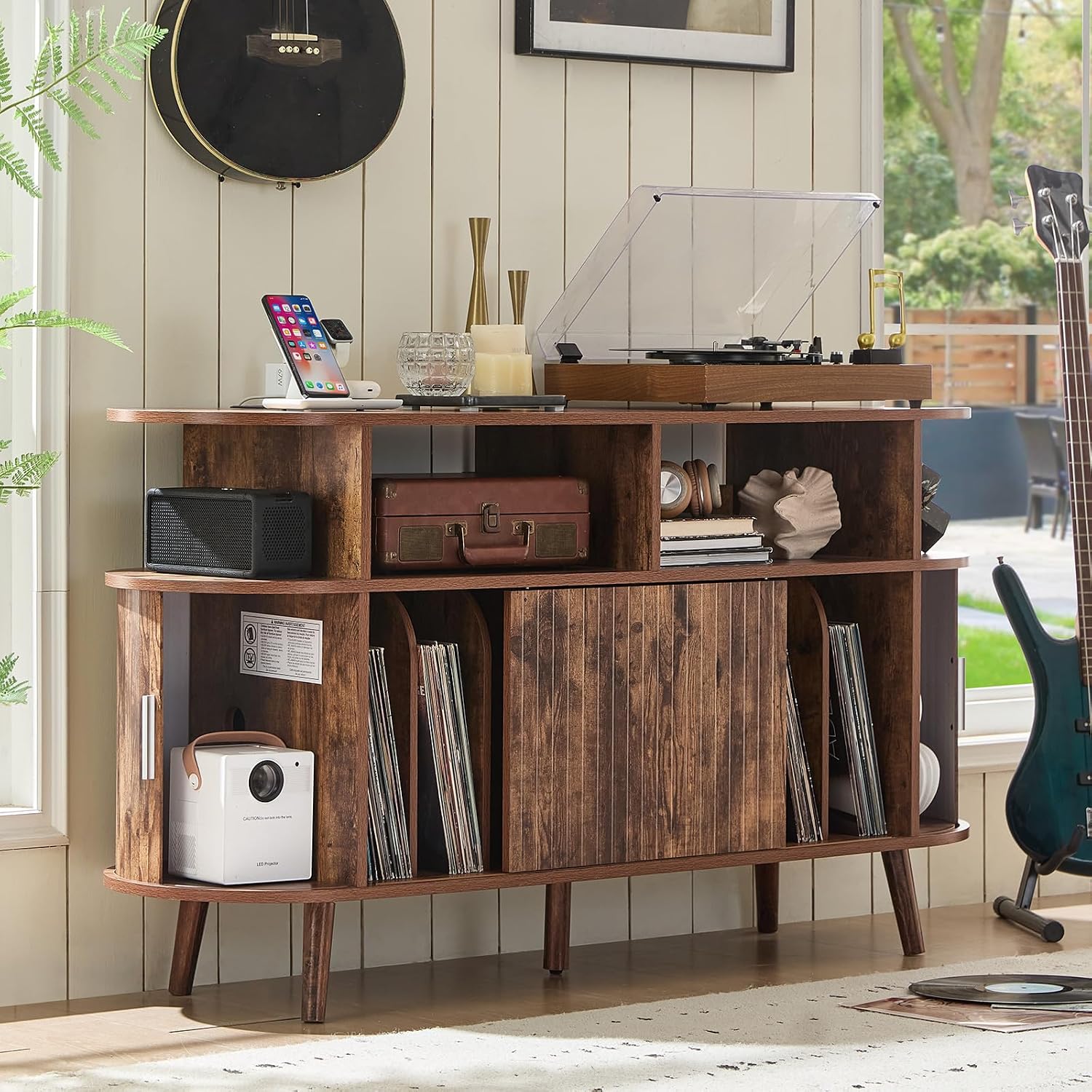 LELELINKY Extra Large Round Record Player Stand with Charging Station & Fluted Panel, Mid Century Modern Turntable Cabinet with Vinyl Storage, Arched Wood Record Player Table for Living Room,Brown