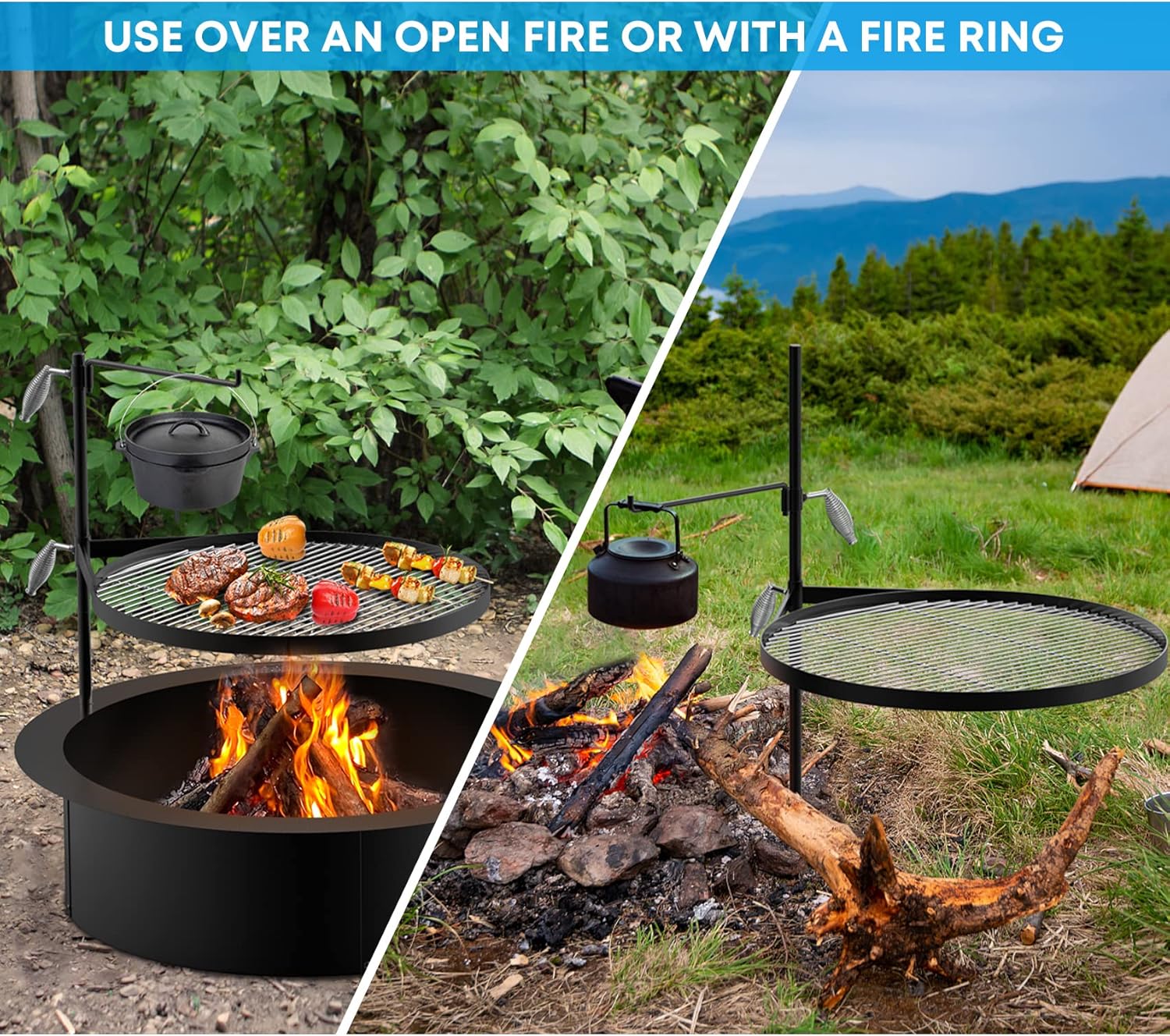 Stanbroil Fire Pit Campfire Grill Grate - Stainless Steel Swing Cooking Stand BBQ Grill, Portable Campfire Barbecue Rack for Outdoor Open Fire Cooking Camping