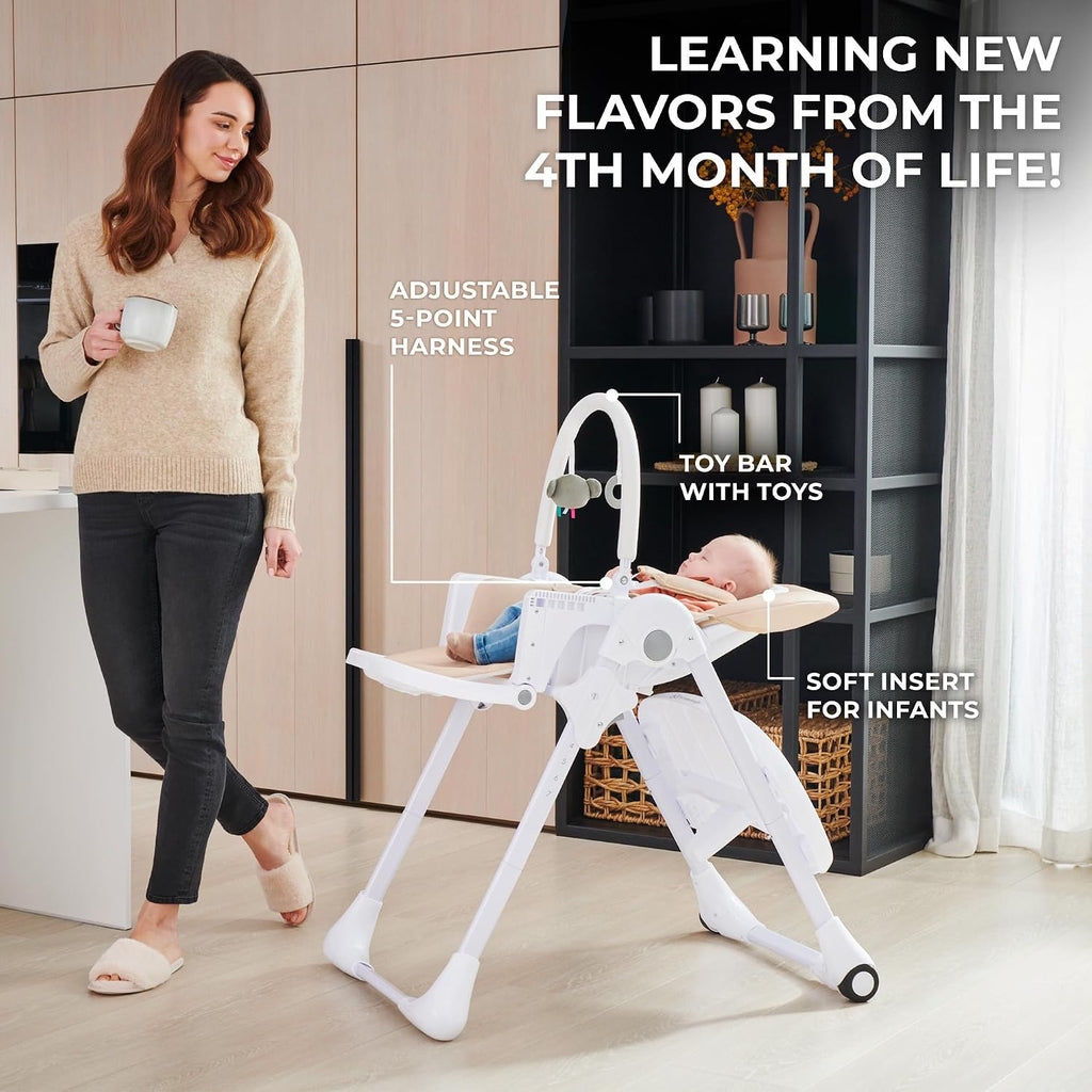 Kinderkraft Tummie, 2-in-1 high Chair, Baby Chair, Ergonomic, Comfortable, Reclining, Foldable, with Ajustable Height, Footrest, Detachable Tray, for Toddler, with Toys, Green