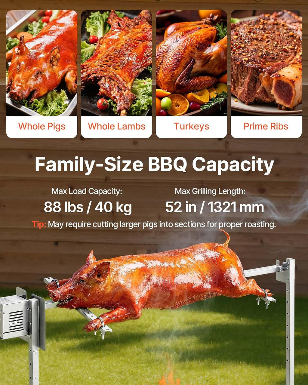 VEVOR Rotisserie Grill, 52in Electric Rotisserie Grill Kit 8 Level Height, BBQ Grills Rotisseries Kit with 88 lbs Load Capacity, Asador de Puerco, Stainless Steel Automatic Grilling Kits for Parties