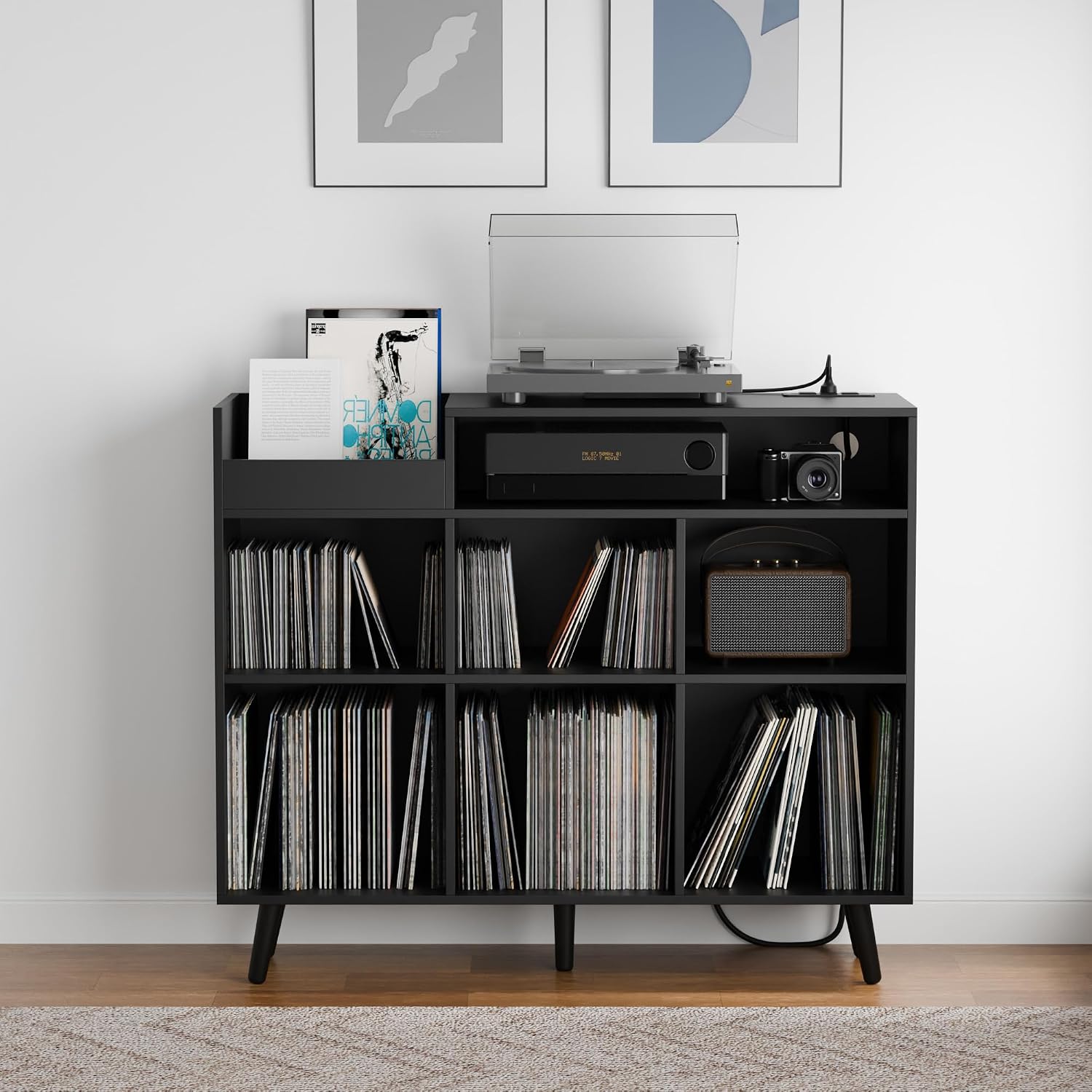 Cozy Castle Large Record Player Stand with Vinyl Storage Cabinet, Wood Turntable Table Open Shelf Holder Up to 500 Albums Cube Storage Organizer for Living Room, Office, Black