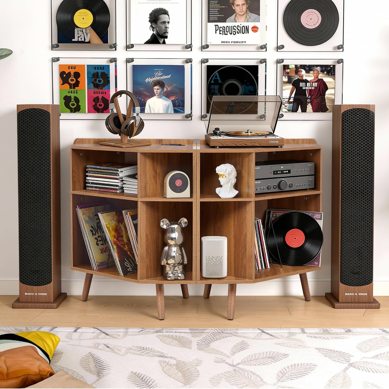 Corner Record Player Stand with Charging Station & USB Ports, 3 Tier Mid Century Modern Vinyl Record Storage Cabinet, Wood Turntable Stand for Music Room, Living Room, Small Space (Walnut)
