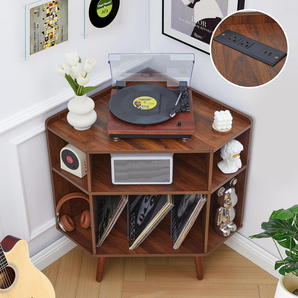 Corner Record Player Stand with Charging Station & USB Ports, 3 Tier Mid Century Modern Vinyl Record Storage Cabinet, Wood Turntable Stand for Music Room, Living Room, Small Space