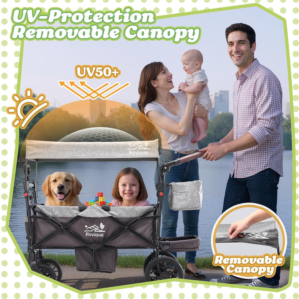 Wagon Stroller for 2 Kids, Premium Stroller Wagon for Kids with Removable Canopy, Safety Harness, Adjustable Handlebar & Storage Organizer, All-Terrain Foldable Baby Wagon for Outdoors
