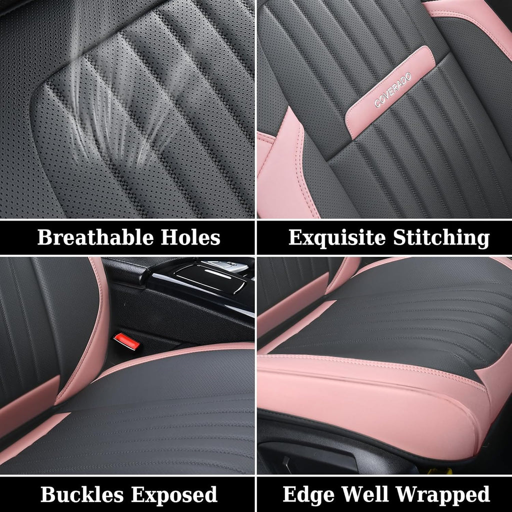 Coverado Car Seat Covers Front, Seat Covers for Cars, Waterproof 2-Pack Car Seat Cushions, Leather Carseat Seat Protectors, Universal Seat Covers Fit for Most Sedans SUV Pick-up Trucks(Pink&Grey)