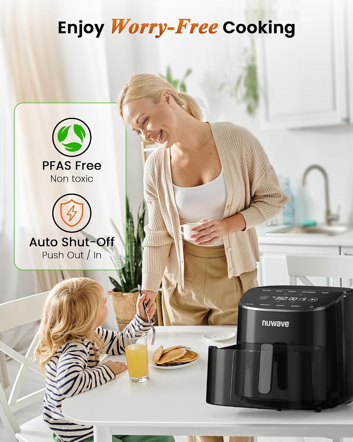 Nuwave Brio Plus Air Fryer 8 Qt, New & Improved, PFAS-FREE, 7 Digital One-Touch Cook Functions that AIR FRY, BAKE, ROAST, DEHYDRATE, TOAST, REHEAT, PREHEAT, 150 Presets, 50°F~400°F (Black)