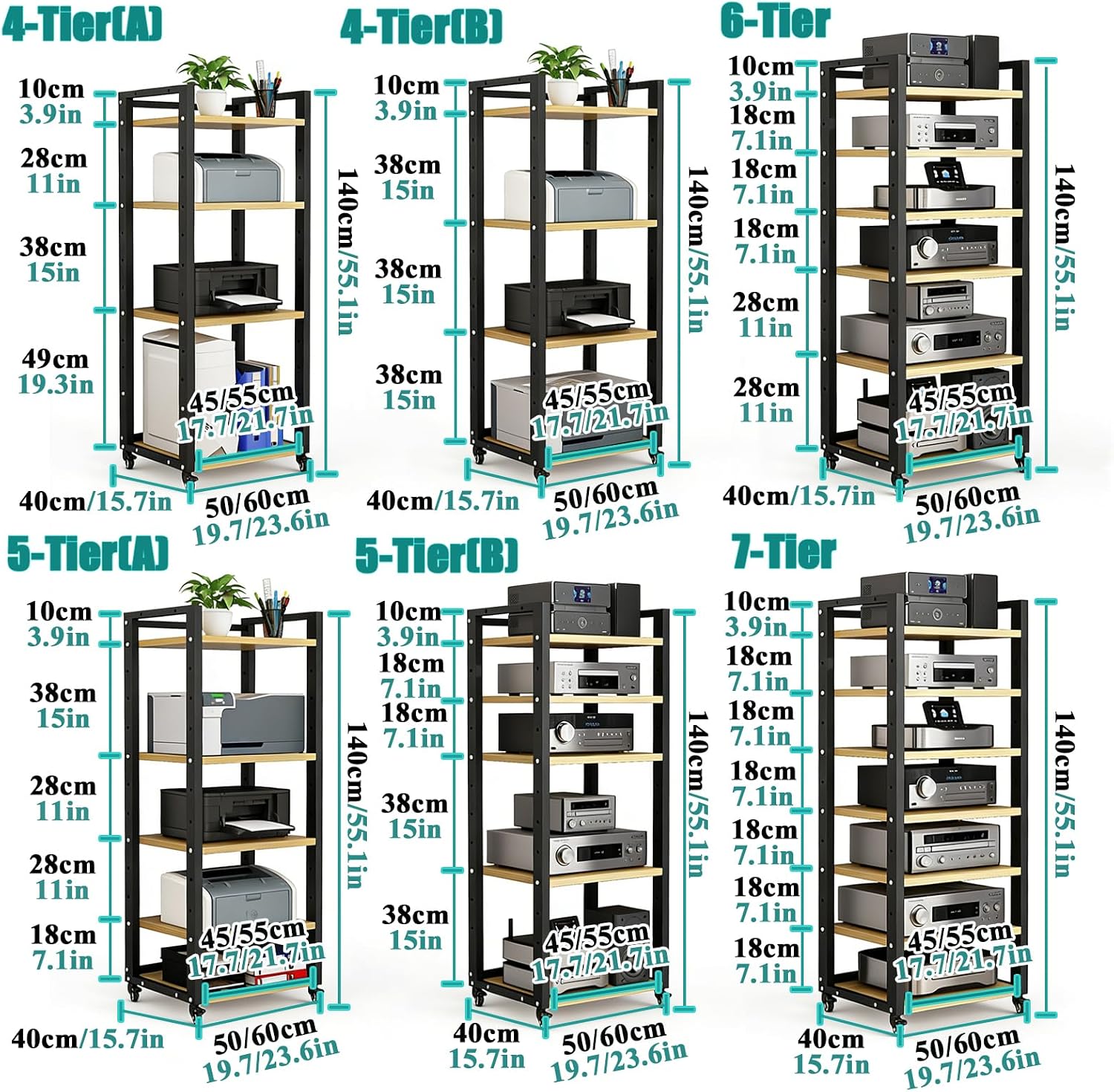 Stereo Stands and Racks with Wheels - Modern Stereo Cabinet with Adjustable Shelves for Audio-Video Shelving Unit Storage Equipment - Media Stand Shelf for Living Roo B 4-Tier(B): L19.7×W15.7×H55.1in
