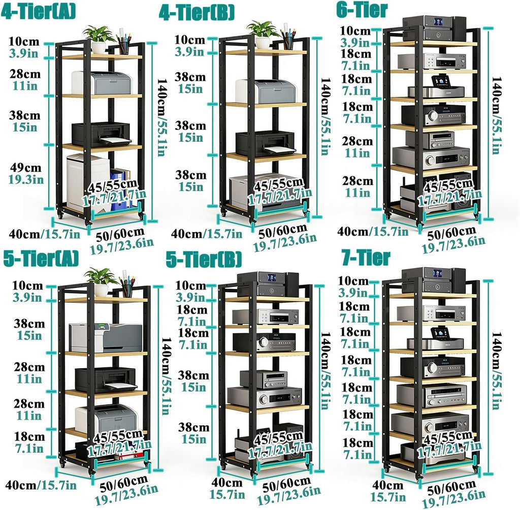 Stereo Stands and Racks with Wheels - Modern Stereo Cabinet with Adjustable Shelves for Audio-Video Shelving Unit Storage Equipment - Media Stand Shelf for Living Roo B 4-Tier(B): L23.6×W15.7×H55.1in