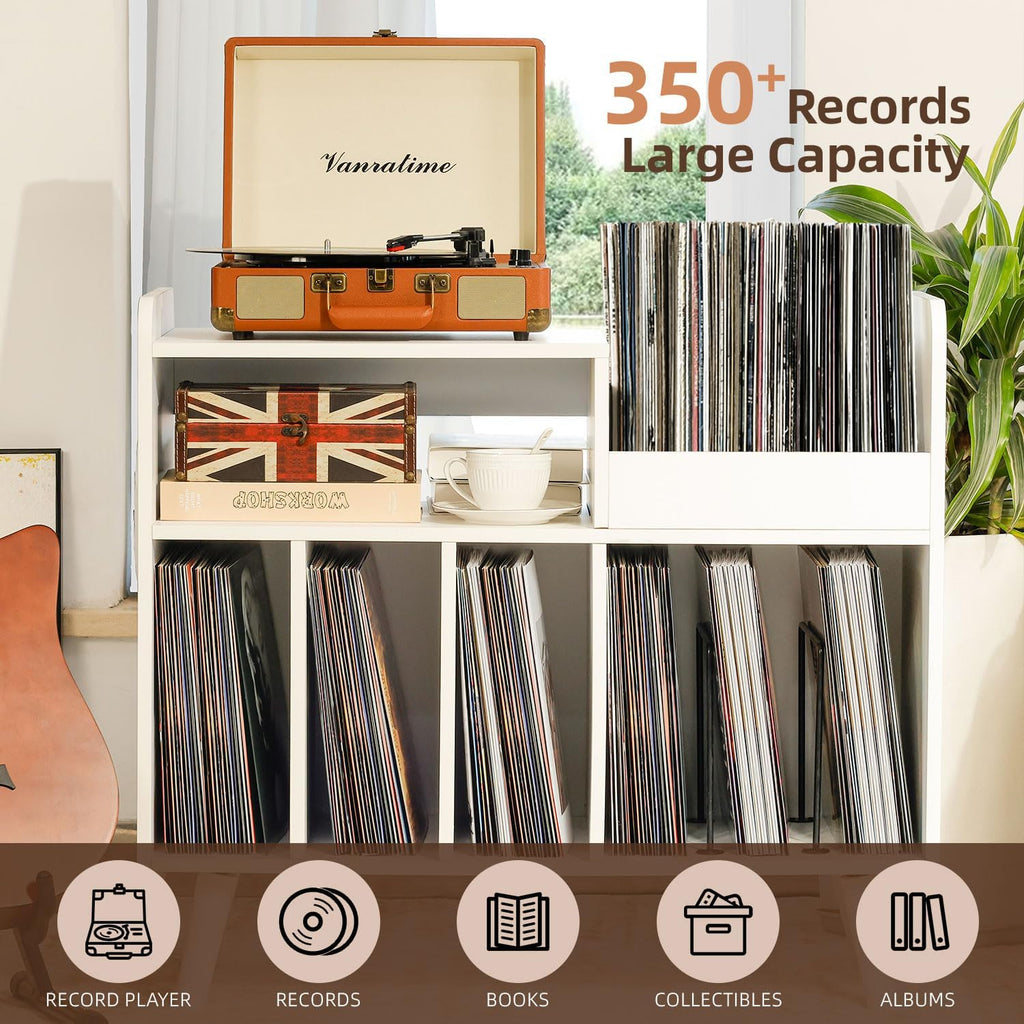 Record Player Stand, Large Record Player Table Cabinet with Open Vinyl Storage and Display Shelf Holds up to 350 Albums, Mid Century Wood Turntable for Living Room, Bedroom (White)