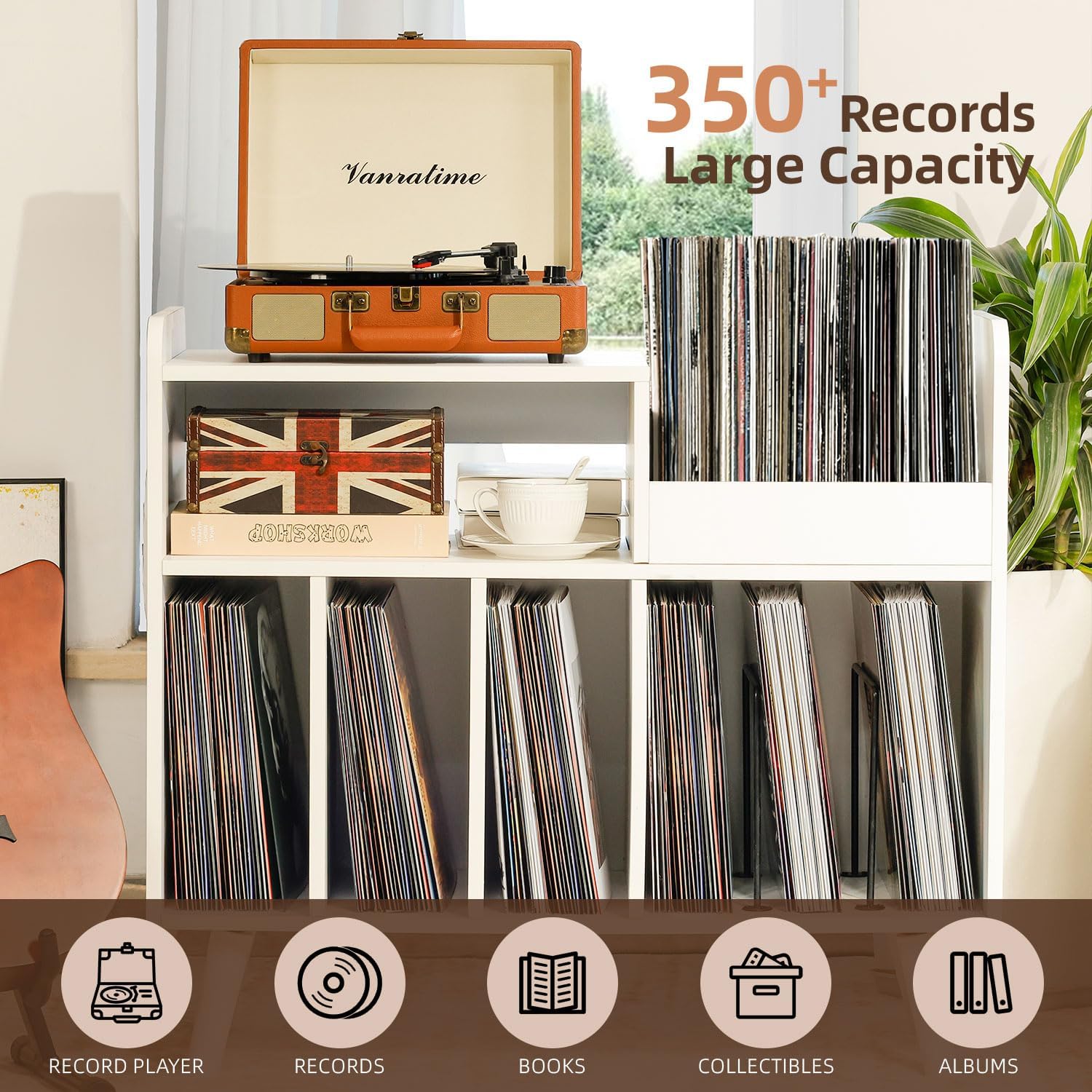 Record Player Stand, Large Record Player Table Cabinet with Open Vinyl Storage and Display Shelf Holds up to 350 Albums, Mid Century Wood Turntable for Living Room, Bedroom (White)