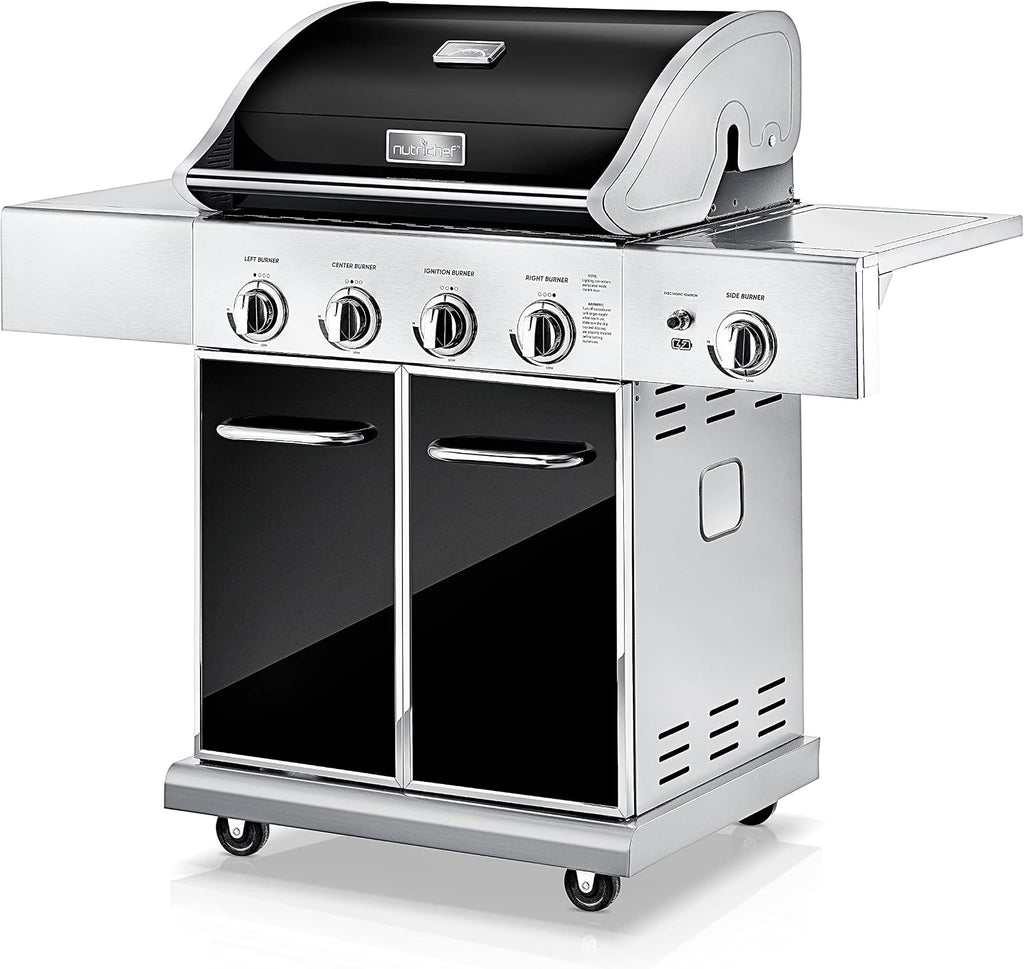 NutriChef 52,000 BTU 5-Burner Stainless Steel Propane Gas Grill with Portable Design, Electronic Ignition, Built-in Thermometer and Heavy-Duty Construction