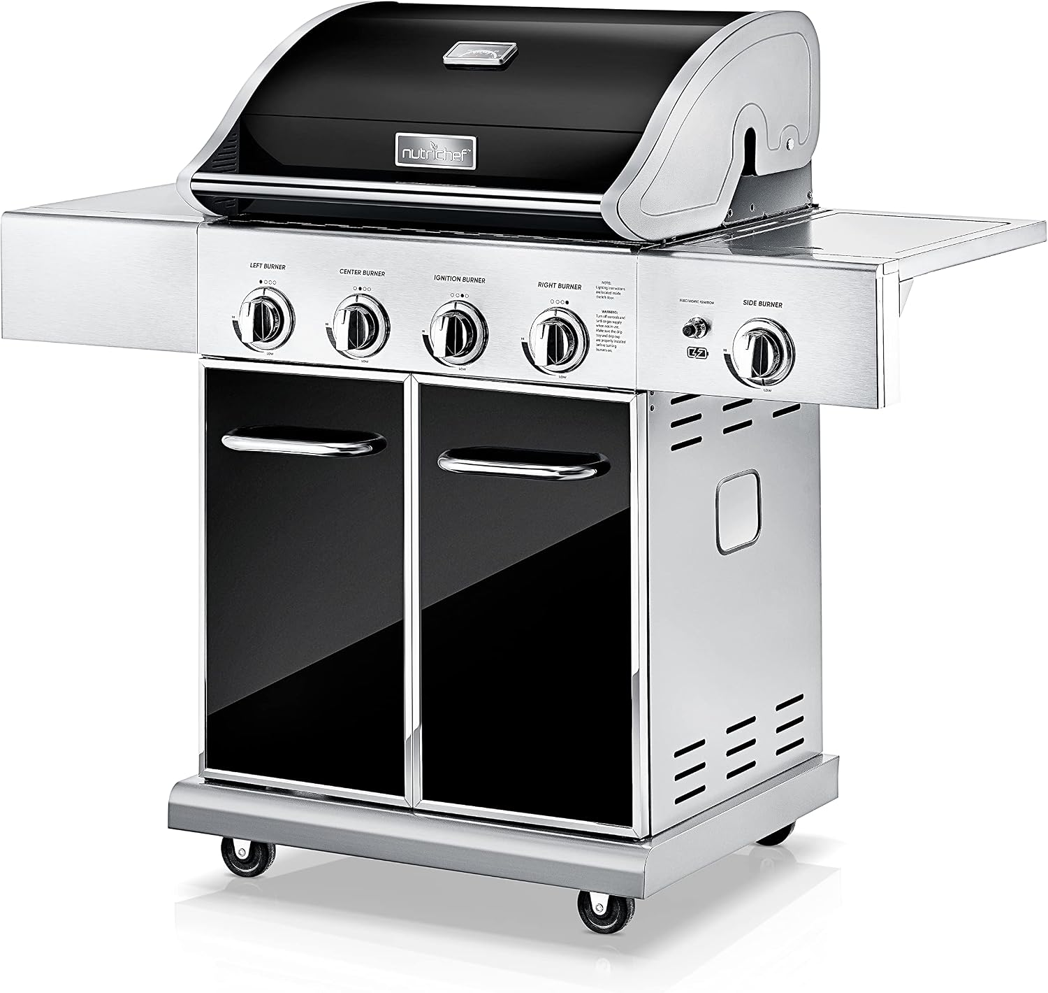 NutriChef 52,000 BTU 5-Burner Stainless Steel Propane Gas Grill with Portable Design, Electronic Ignition, Built-in Thermometer and Heavy-Duty Construction