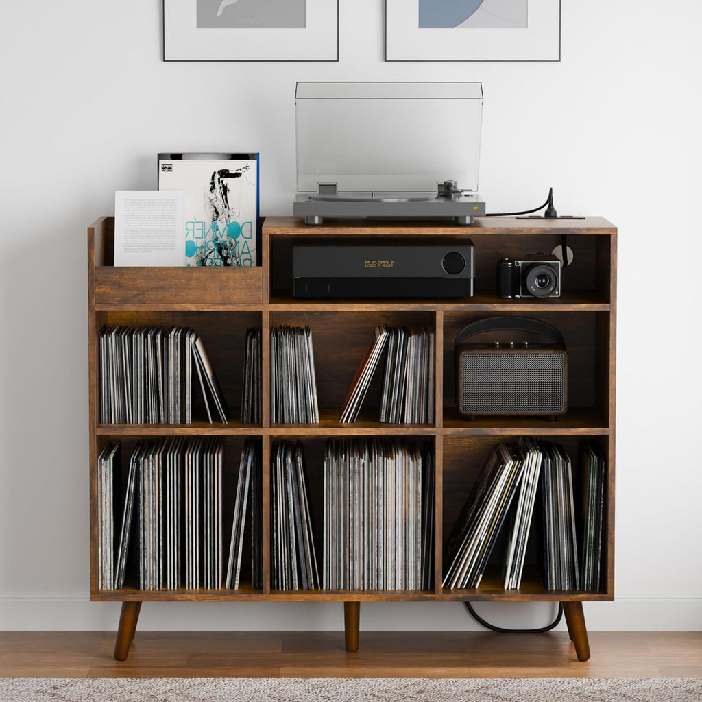 Cozy Castle Large Record Player Stand with Vinyl Storage Cabinet, Wood Turntable Table Open Shelf Holder Up to 500 Albums Cube Storage Organizer for Living Room, Office, Rustic Brown