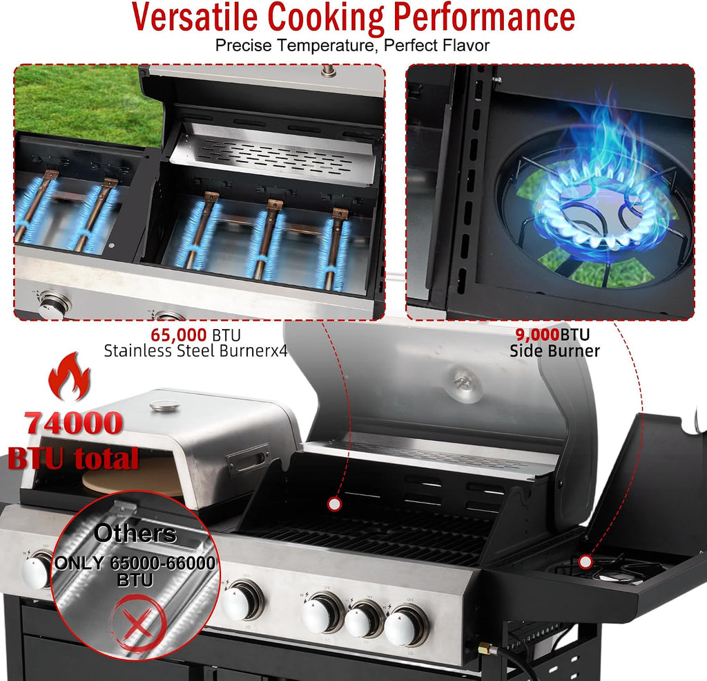 MELLCOM 3 IN 1 Pizza Griddle Grill Combo, 74,000 BTU 5-Burner Stainless Steel Propane Gas Grill with Side Burner, Porcelain Enameled Cast Iron Grates, Griddle & Pizza Oven for Outdoor Patio Backyard