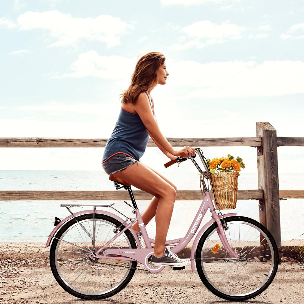 Max4out Women Bike Beach Cruiser Bike for Adult, 24 & 26 Inch Comfort Bikes with Rattan Front Basket, Womens Bicycle with Adjustable Seat and Dual V-Brake (Pink & White & Green & Purple & Black)