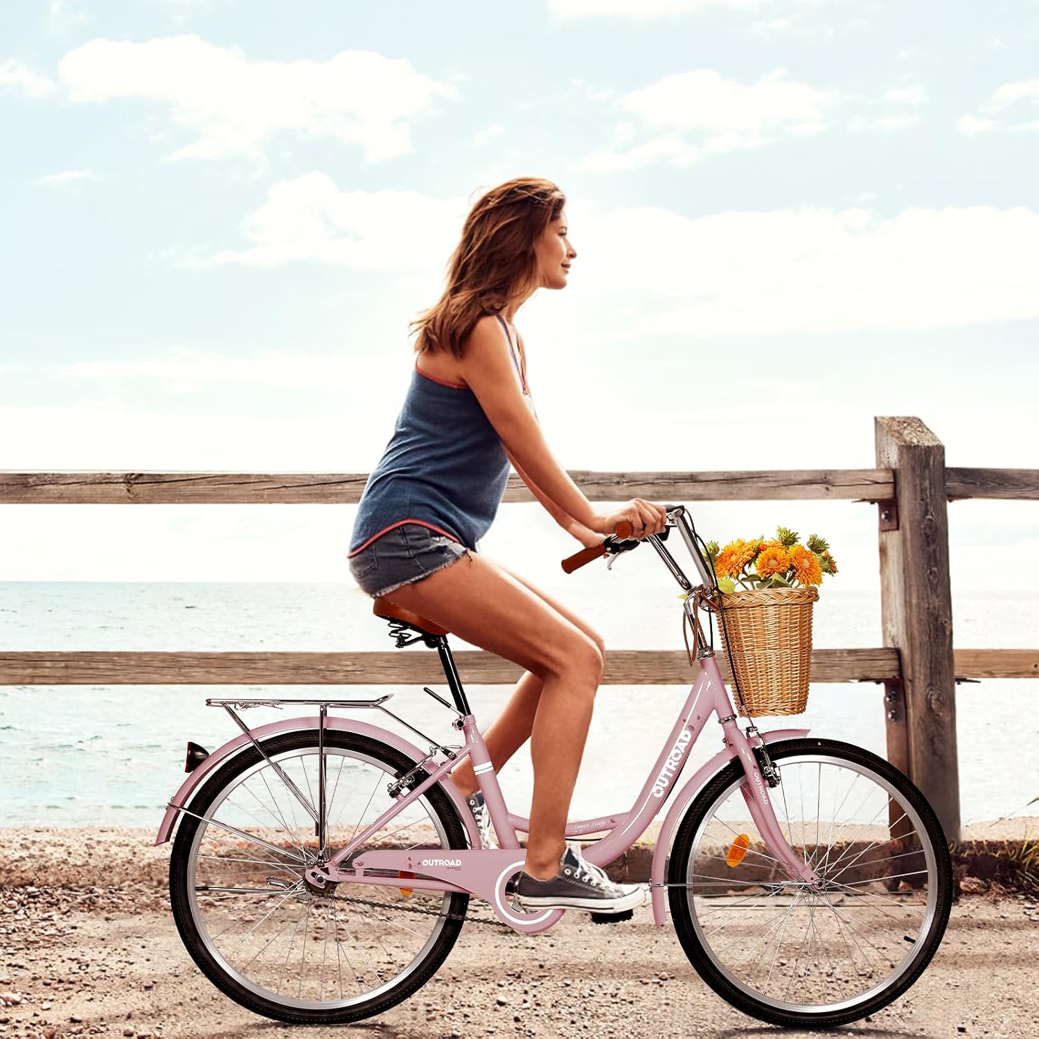 Max4out Women Bike Beach Cruiser Bike for Adult, 24 & 26 Inch Comfort Bikes with Rattan Front Basket, Womens Bicycle with Adjustable Seat and Dual V-Brake (Pink & White & Green & Purple & Black)
