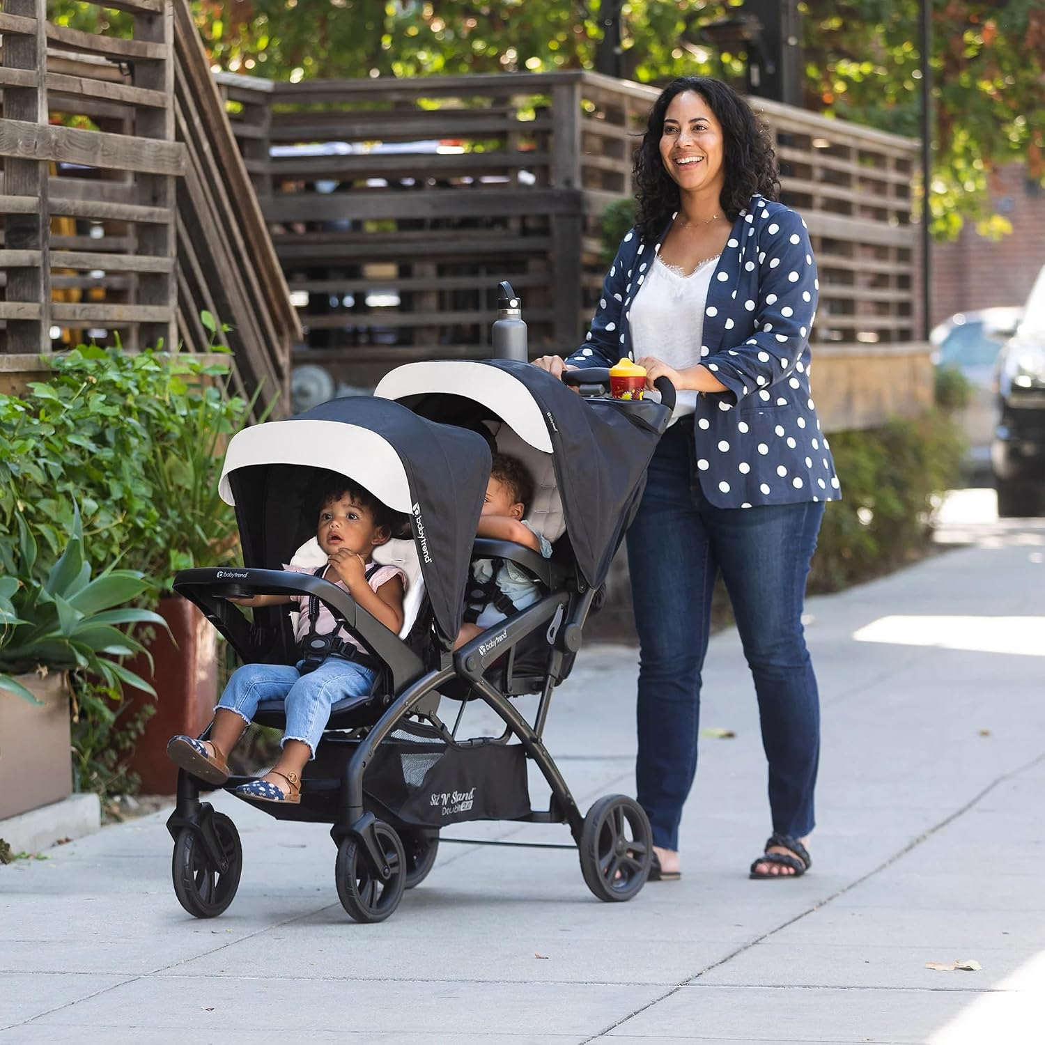 Baby Trend Sit N' Stand Tandem Double Stroller 2.0 DLX and 5 Point Safety Harness, Shaded Canopy, Storage Compartment, and 2 Cup Holders, Modern Khaki