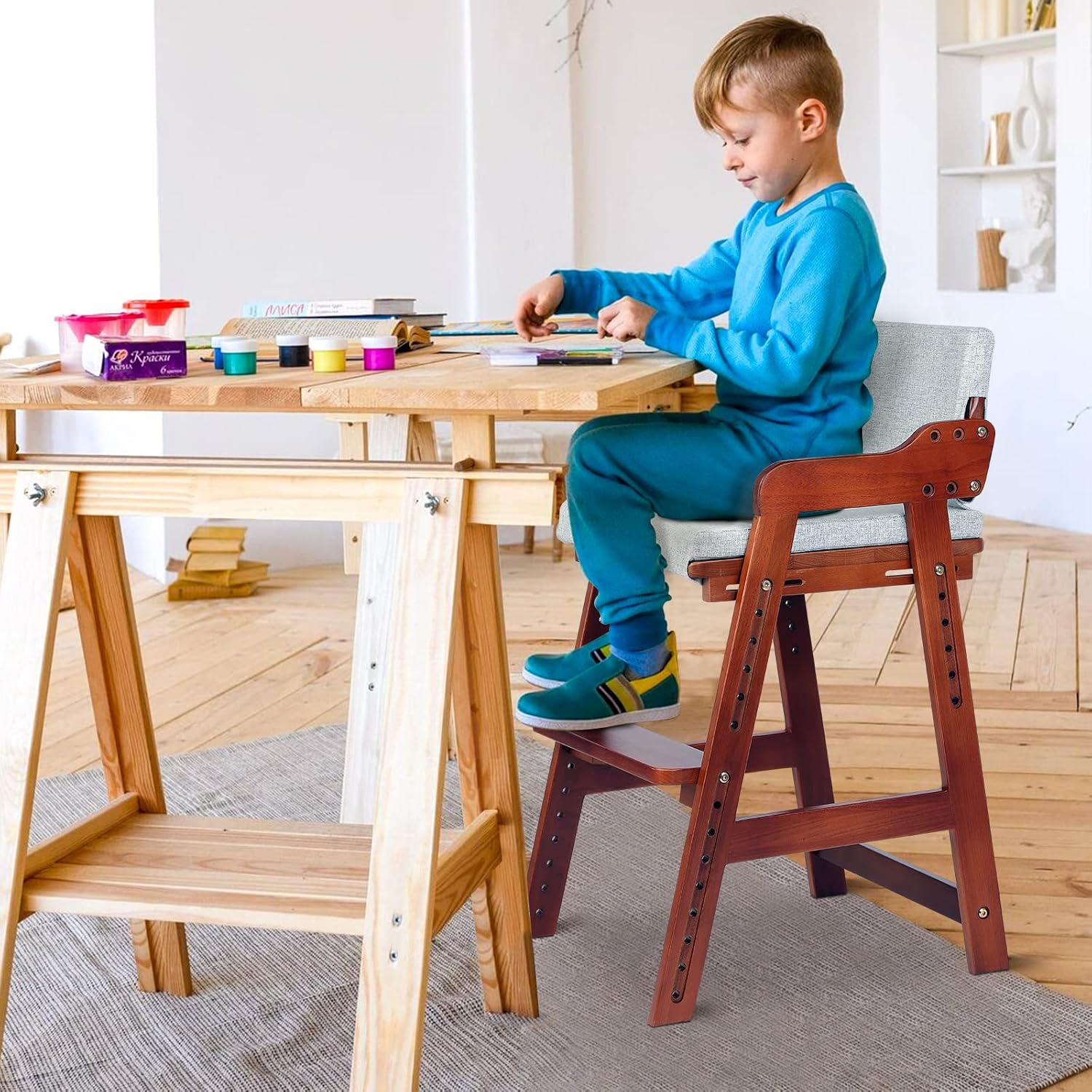 Ezebaby Wooden High Chair for Toddlers to Teens Adjustable Kids Learning Chair with Steps, Child Seats with Removable Cushions (Nut-Brown)