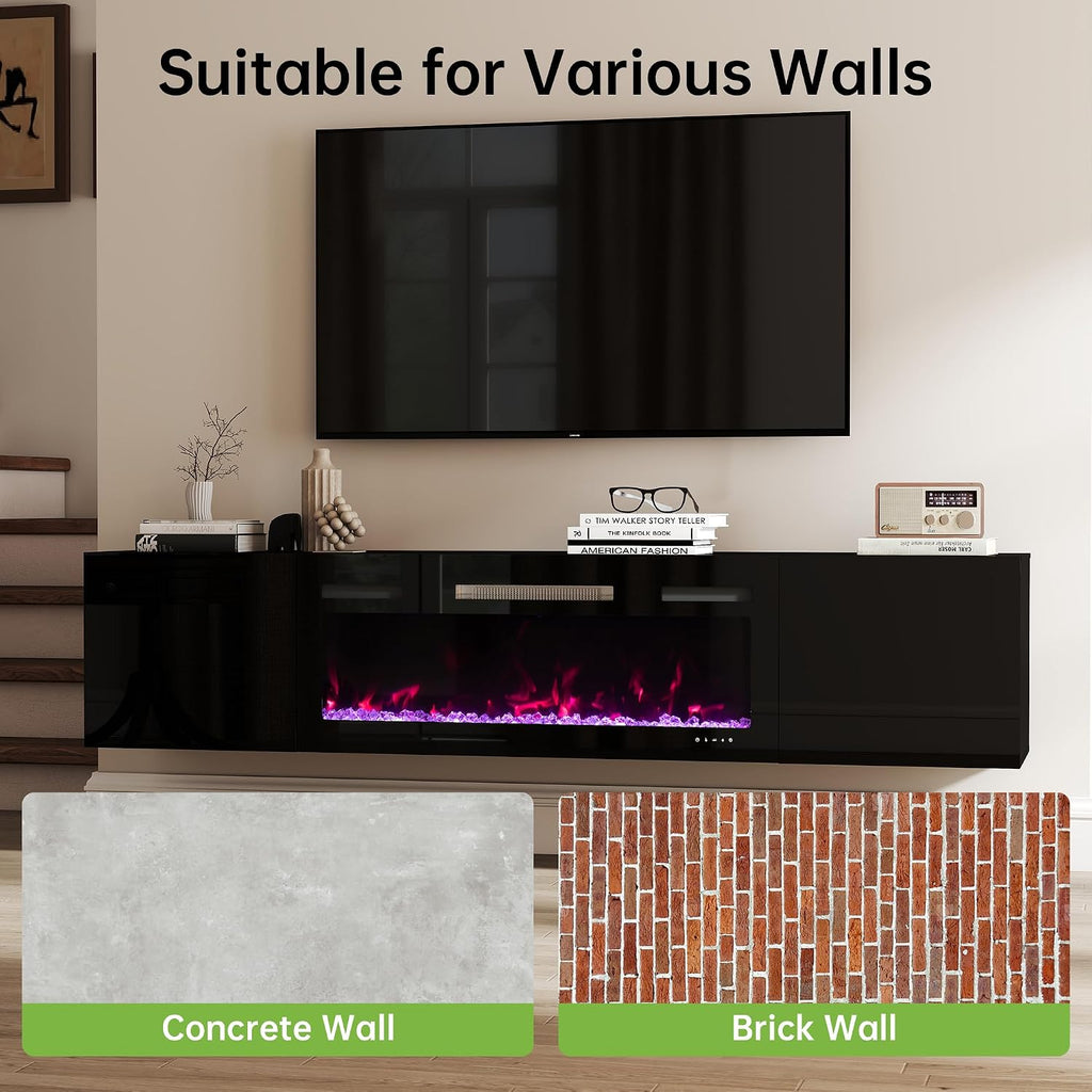Real Relax 70' Floating TV Stand with 36' Electric Fireplace, Wall Mounted Entertainment Center with Storage, Remote Control, Modern LED Lights Fireplace TV Console for TVs Up to 80', All Black