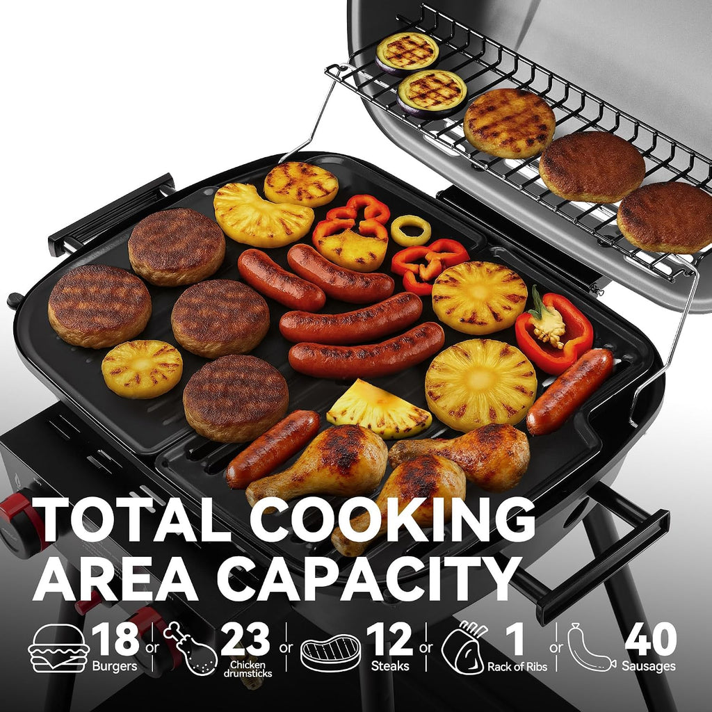 Royal Gourmet GT2003 Portable 2 Burner Propane Gas Grill with Stand and Warming Rack, 2-in-1 Grill Griddle Combo with 17,000 BTUs Output forCamping, Tailgating, Backyard, Gray