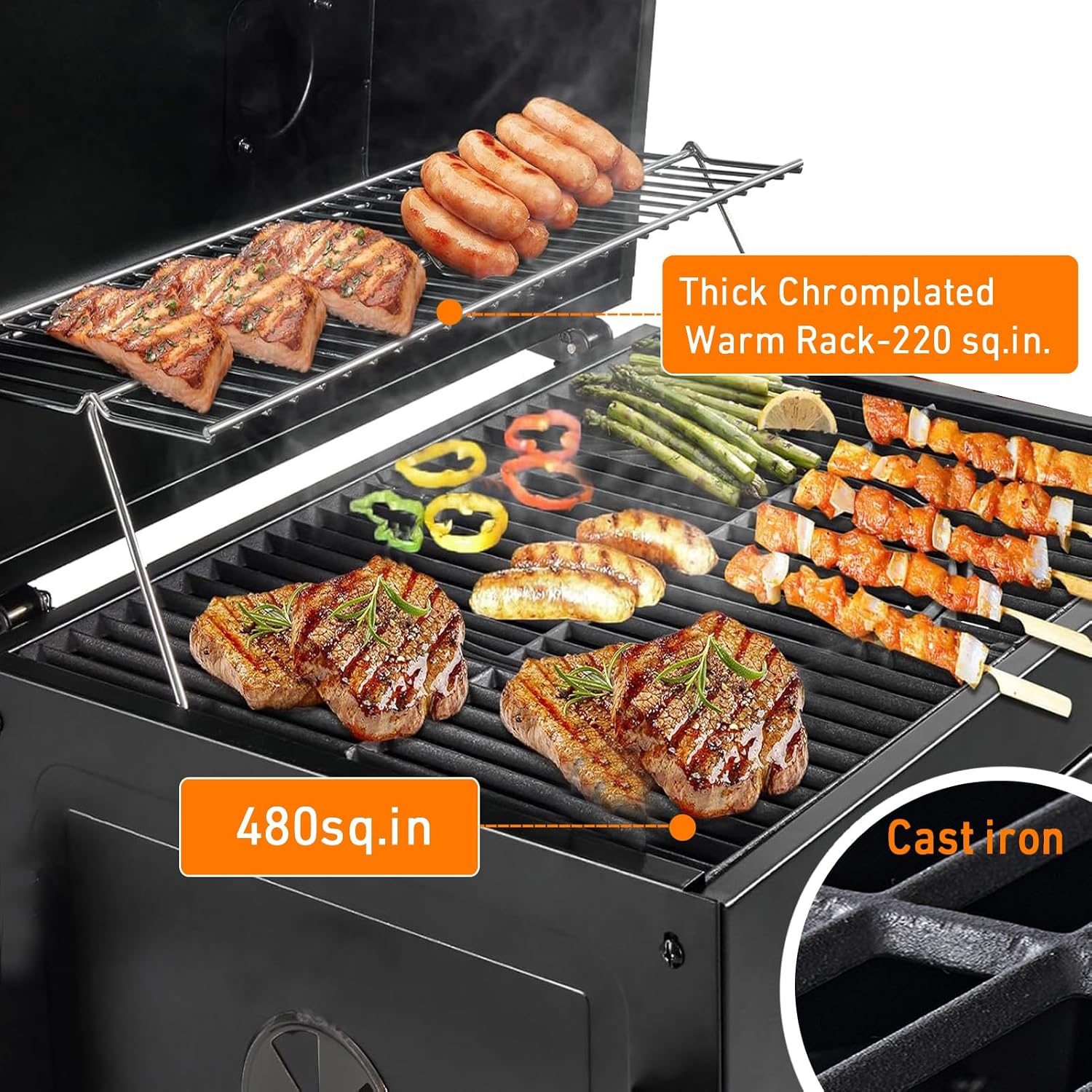 29In Built in BBQ Grills, Large Outside Charcoal Grill with BBQ Fork Kit Liftable Tray & Thermometer, Black Stainless Steel Barbecue Grill for Outdoor Kitchen Cooking Patio Camping Park Style