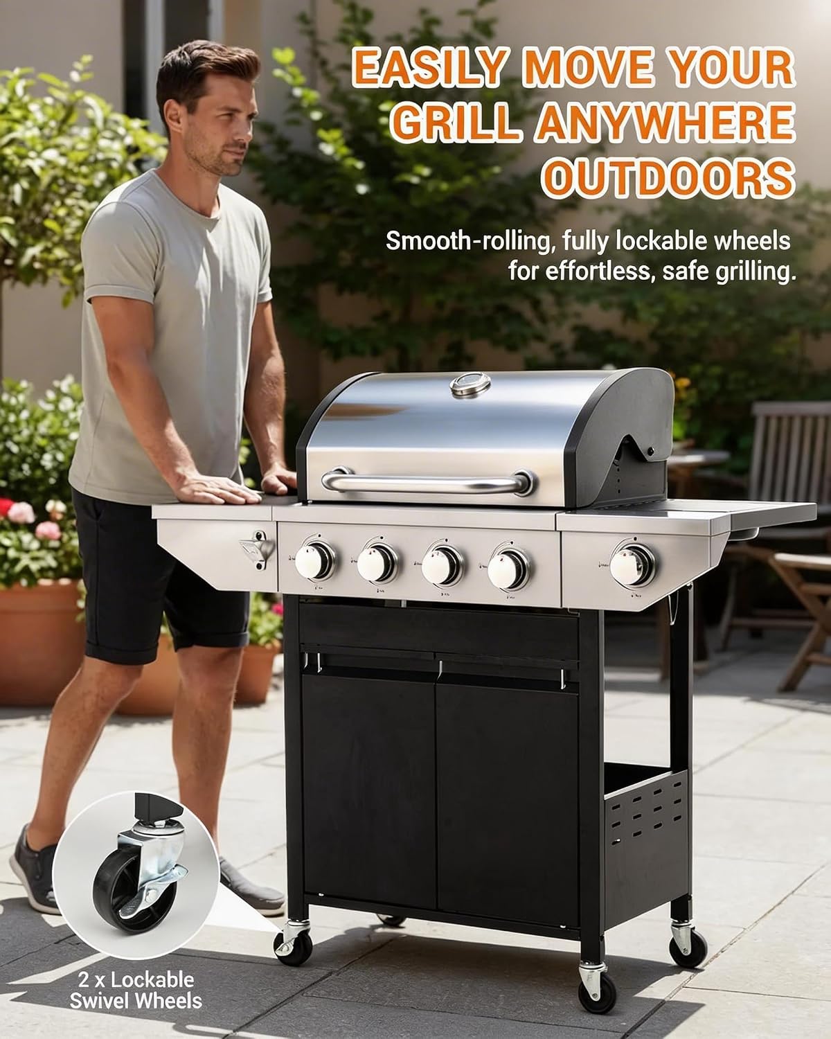 EUHOME 46,500 BTU 4-Burner Propane Gas Grill with Side Burner – Stainless Steel Outdoor BBQ with Enameled Cast Iron Grates & Foldable Side Tables for Patio, Backyard, and Outdoor Cooking