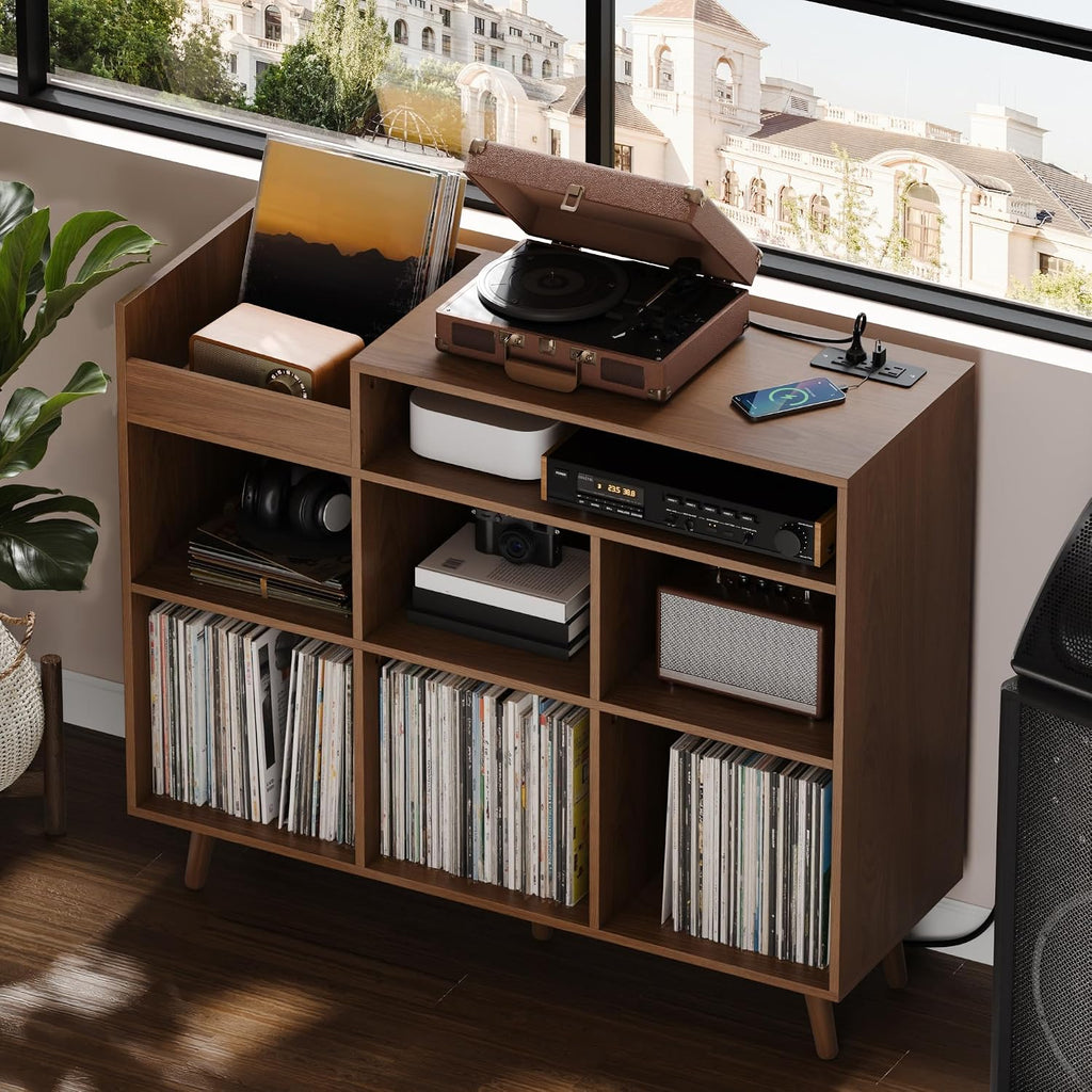 Cozy Castle Large Record Player Stand with Vinyl Storage Cabinet, Wood Turntable Table Open Shelf Holder Up to 500 Albums Cube Storage Organizer for Living Room, Office, Brown