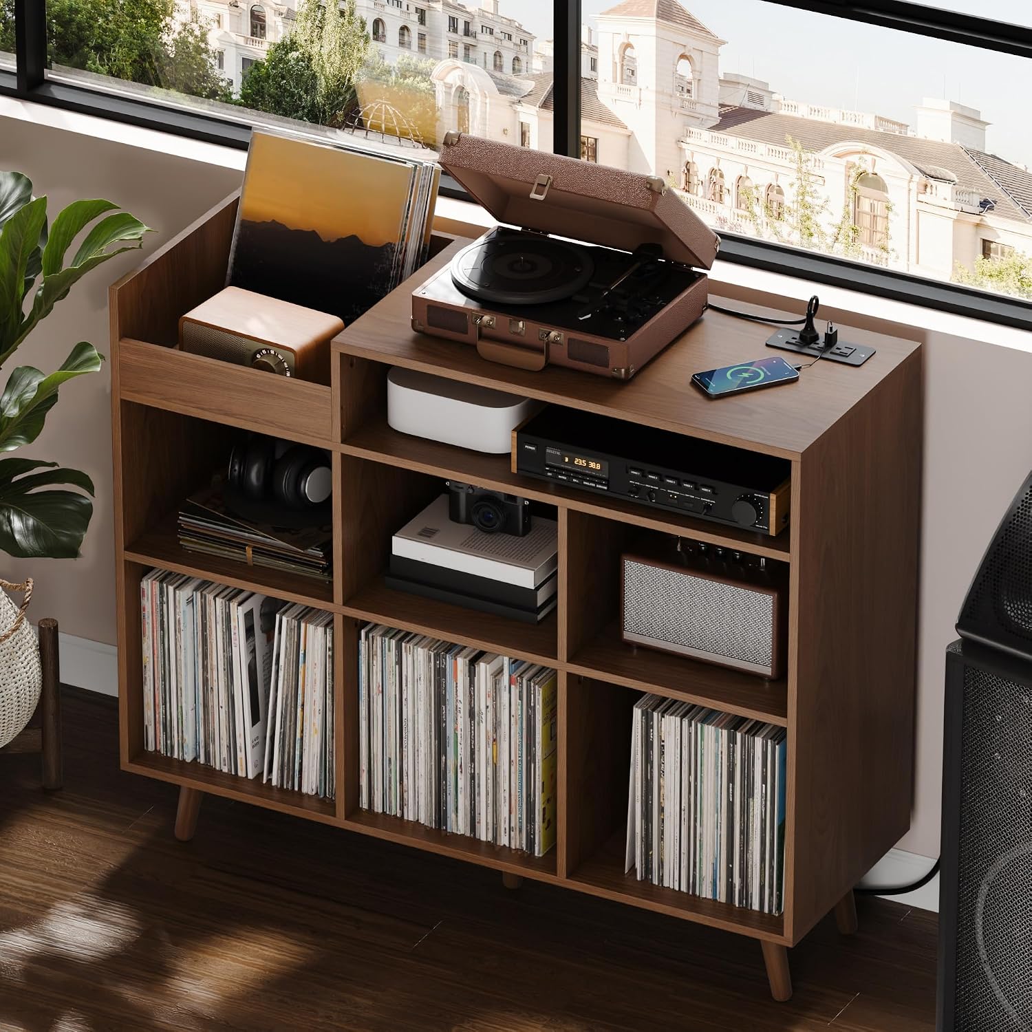 Cozy Castle Large Record Player Stand with Vinyl Storage Cabinet, Wood Turntable Table Open Shelf Holder Up to 500 Albums Cube Storage Organizer for Living Room, Office, Brown